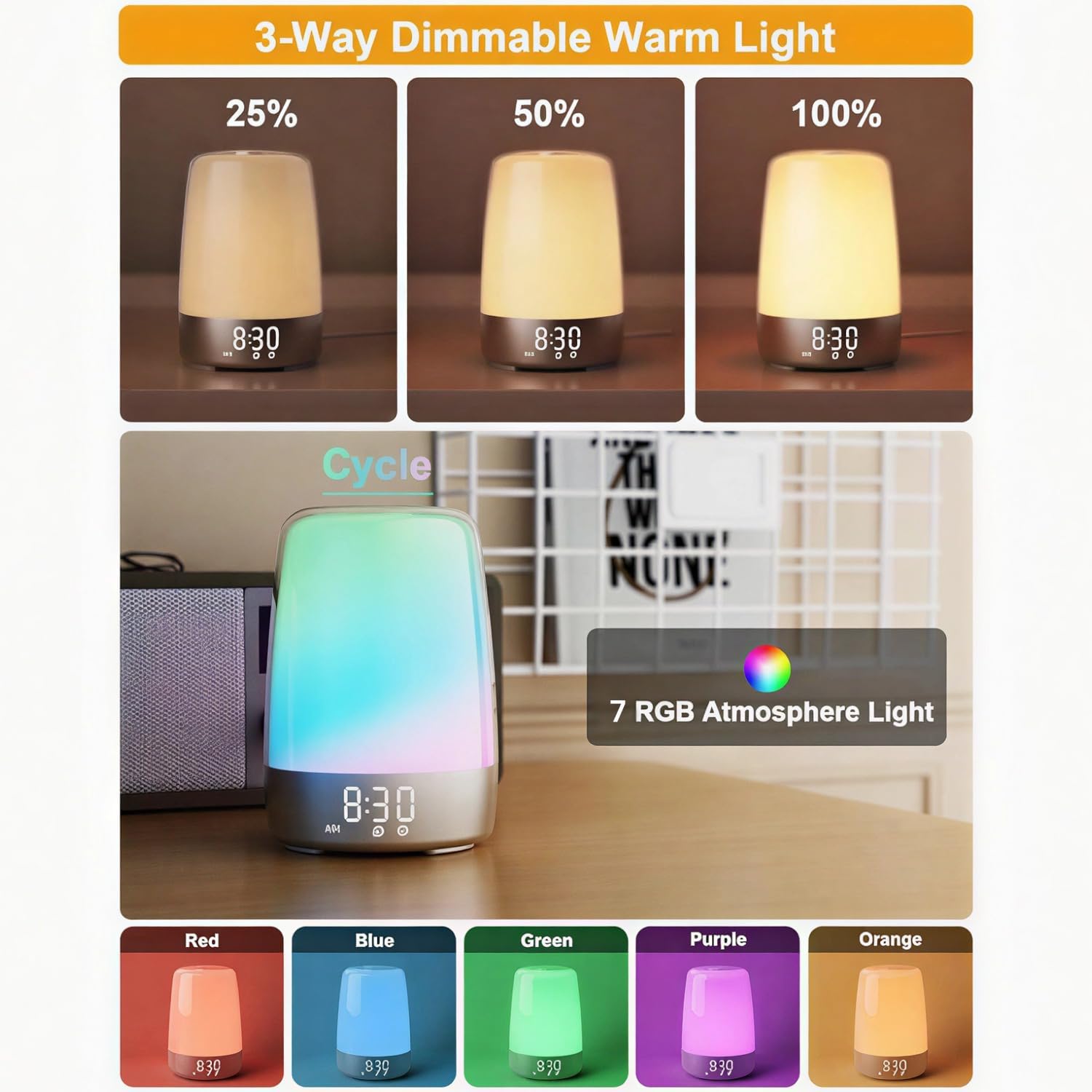winshine Touch Wake Up Night Light with Sunrise Simulation Alarm Clock, 3 Ways Dimmable Warm White Bedside Lamp for Kid Bedrooms RGB Ambient Table Nightstand Light,Sleep Aid Snooze Timer Mode