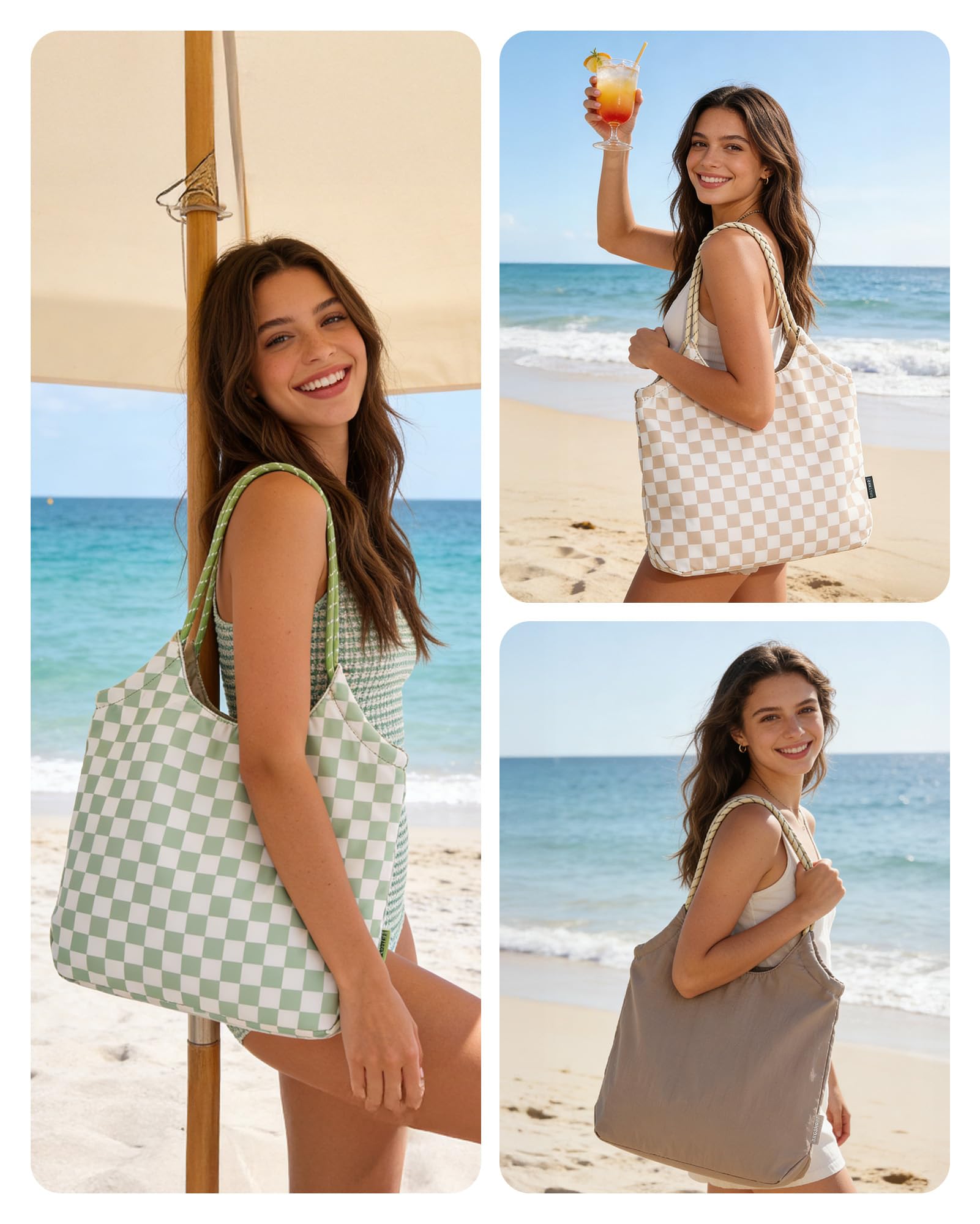 BAGSMART Beach Bags for Women, Beach Tote Bag Beach Bag with Zipper Travel Tote Bag for Women Sandproof Swim Pool Bag | Packable Beach Bag