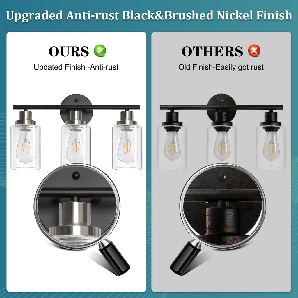 Unicozin 2 Pack Modern Bathroom Light Fixtures, 3 Light Vanity Lights, Black Wall Lamp with Clear Glass for Bathroom, Mirror, Living Room, Bedroom, Hallway, E26 Base