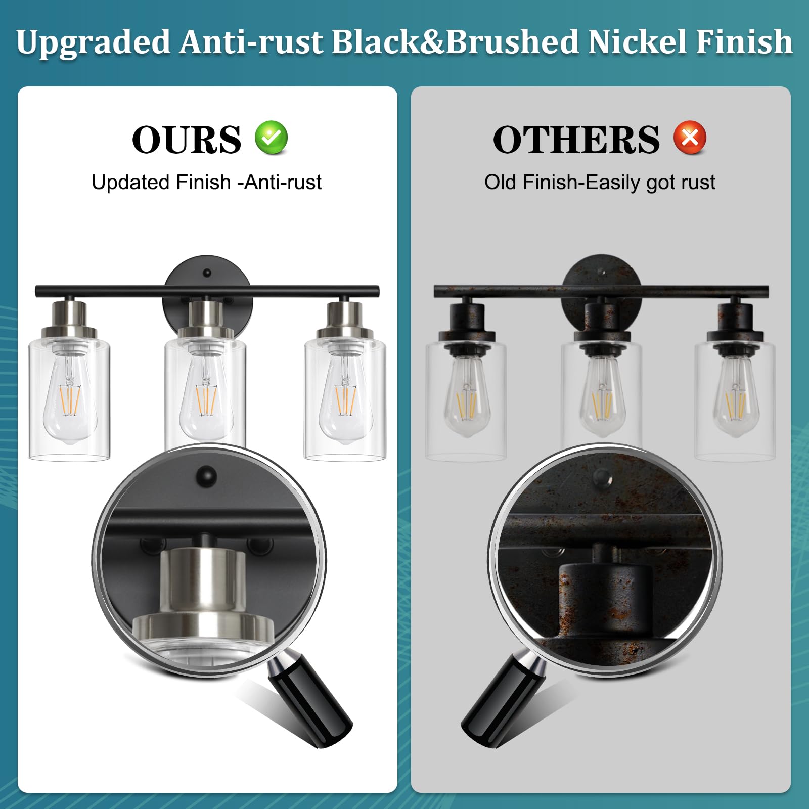 Unicozin 2 Pack Modern Bathroom Light Fixtures, 3 Light Vanity Lights, Black Wall Lamp with Clear Glass for Bathroom, Mirror, Living Room, Bedroom, Hallway, E26 Base