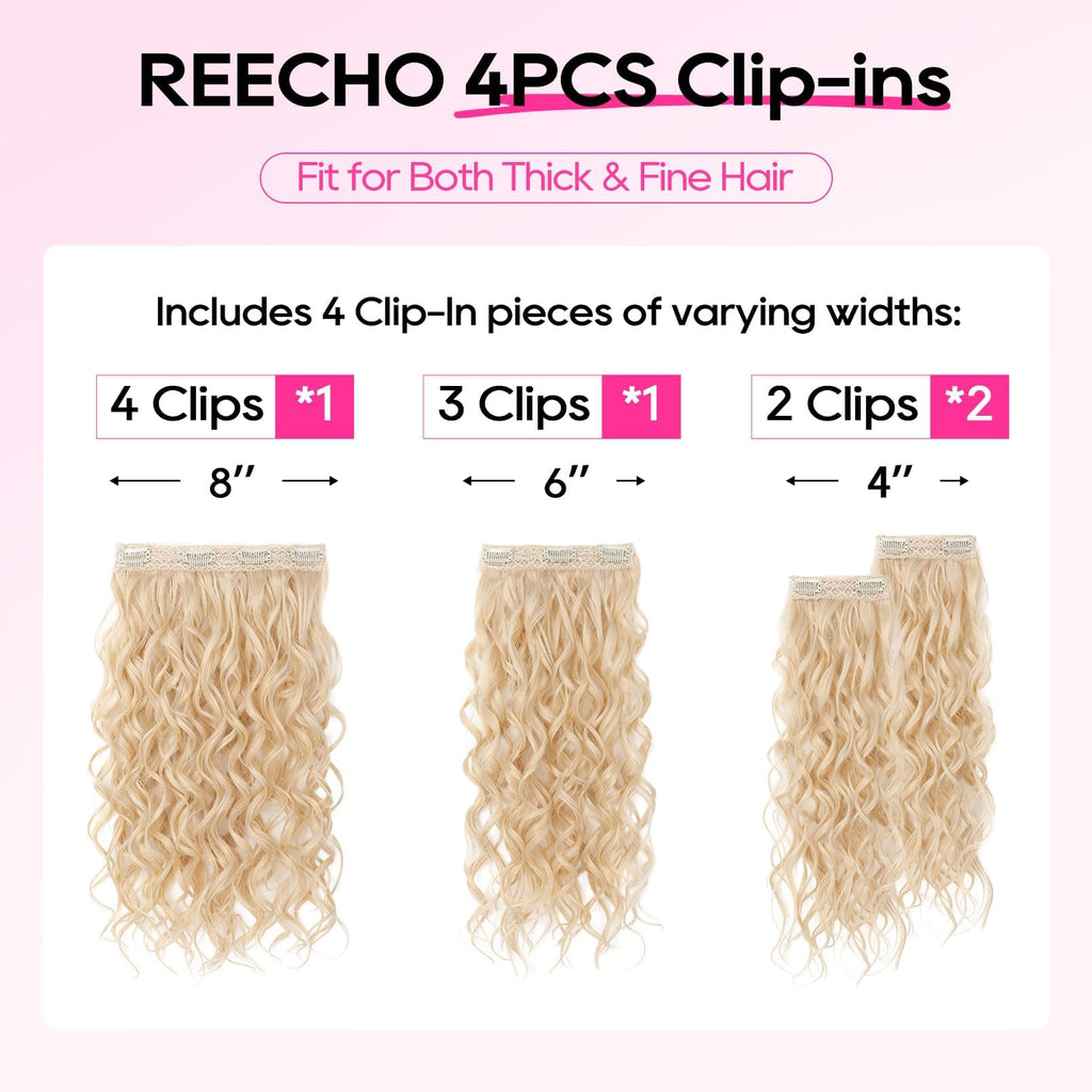 REECHO Curly Hair Extensions, 4PCS 16 inch Clip in Hair Extensions Lace Weft Short Curly Hair Extensions Clip Ins Invisible Natural Hairpieces for Women, Ash Blonde with Highlights