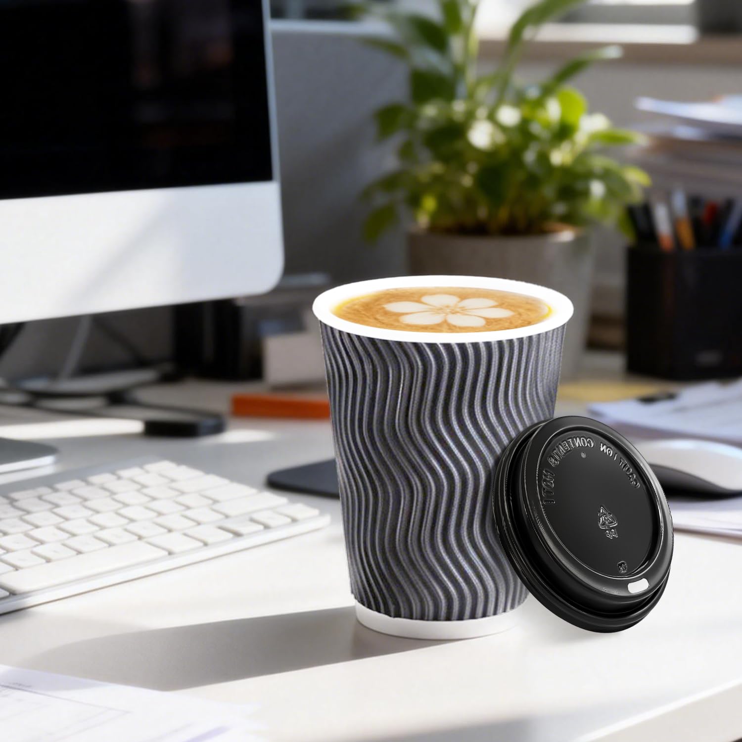 BYSNOW 100 Pack 10 oz Coffee Cups with Lids, Disposable Insulated Hot Cups To Go Paper Coffee Cups, Corrugated Ripple Wall Cup for Hot Drink, Office, Coffee Bar (Grey 10 oz)