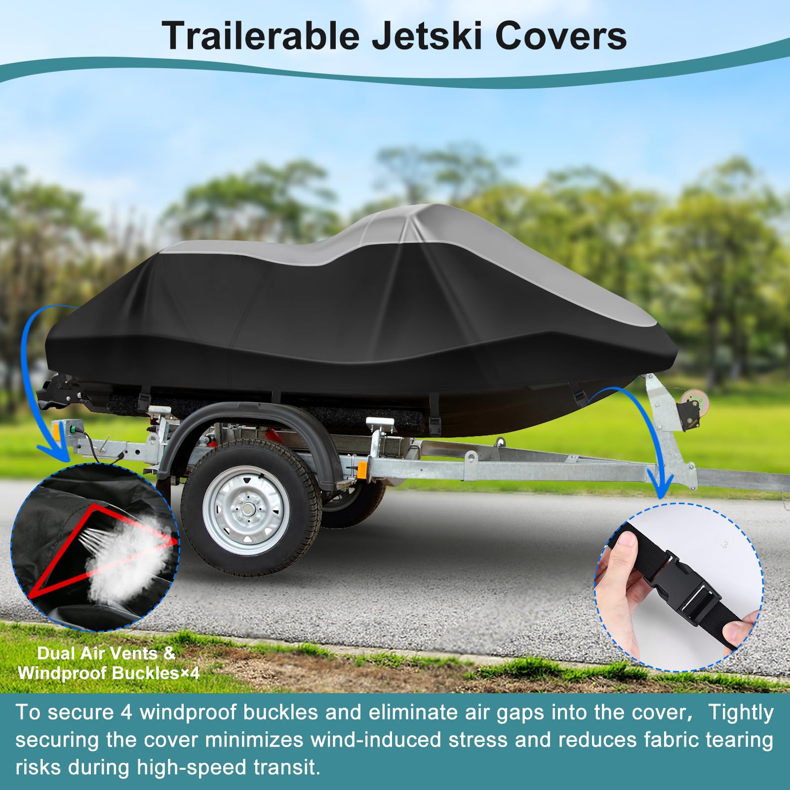 Jet Ski Cover,Heavy Duty 900D Oxford Jetski Cover 2 3 Seater with 2 Air Vents，4 Windproof Buckles，Easy On，Jetski Cover Waterproof for Seadoo Spark,Yamaha,All Weather Protection(Black, XL:115"-120")