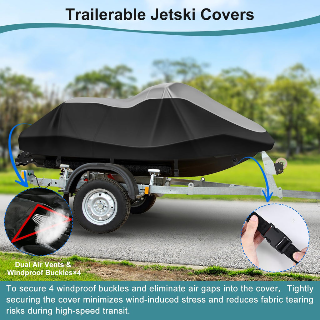 Jet Ski Cover,Heavy Duty 900D Oxford Jetski Cover 2 3 Seater with 2 Air Vents，4 Windproof Buckles，Easy On，Jetski Cover Waterproof for Seadoo Spark,Yamaha,All Weather Protection(Black, XL:115"-120")