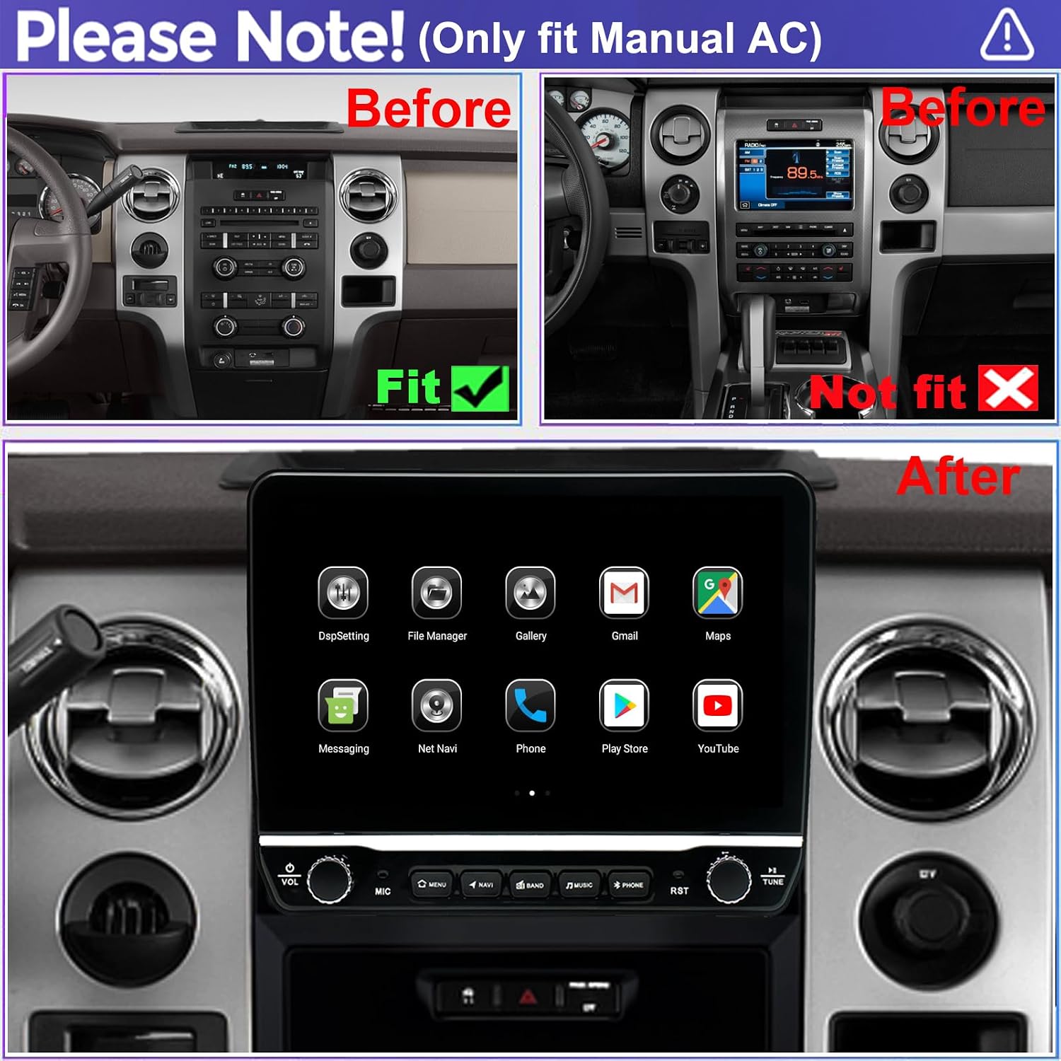 for Ford F150 Radio Upgrade 2009 2010 2011 2012,QLED Touch Screen Stereo,8 Core CPU,Carplay Android Auto Ready,Keep OEM Steering Wheel Control,Back Camera Included,Only fit Manual AC