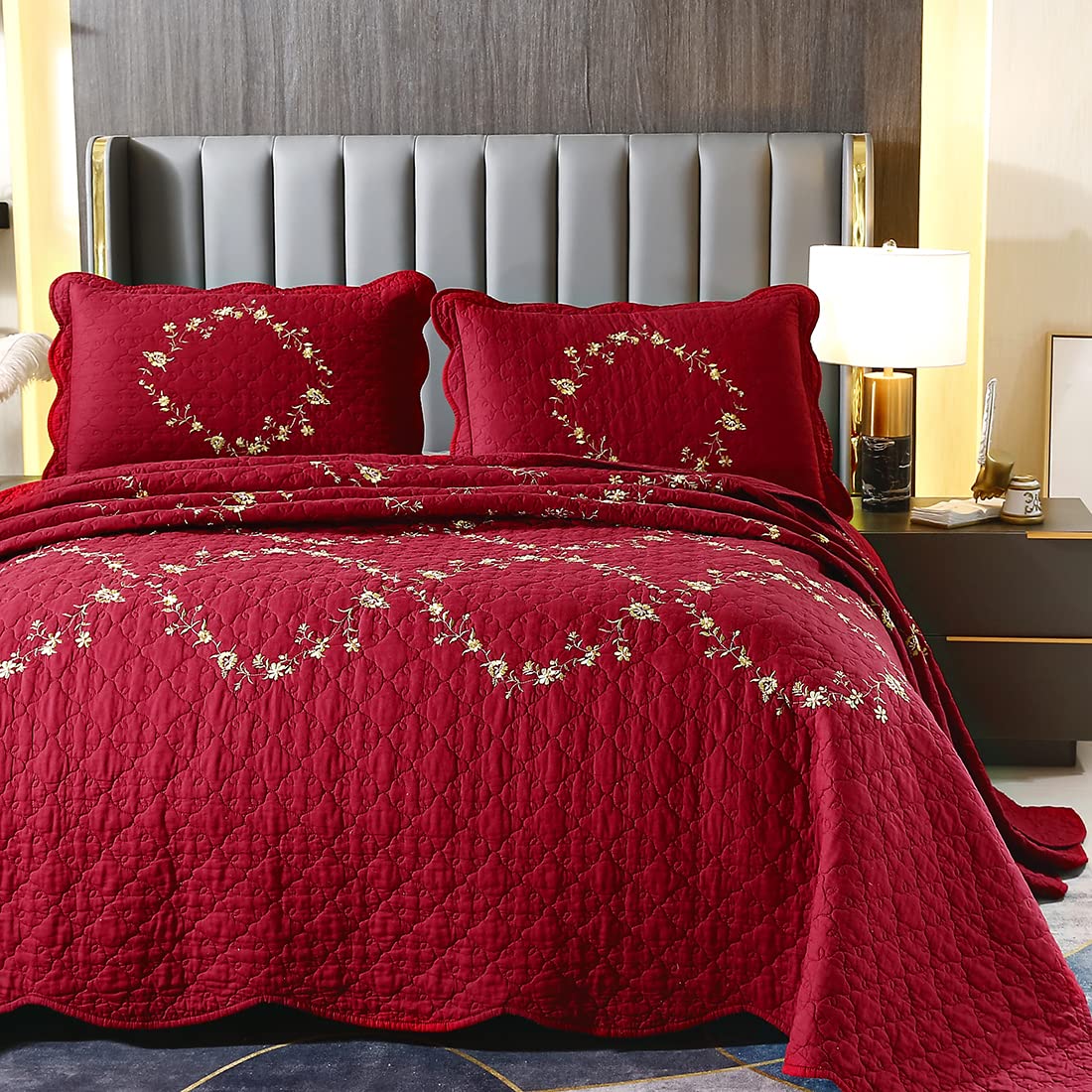vctops 3-Piece Floral Embroidered Bedspread Coverlet Set Twin Size 100% Cotton Reversible Patchwork 1 Quilt and 2 Pillow Shams (Flower,Twin)