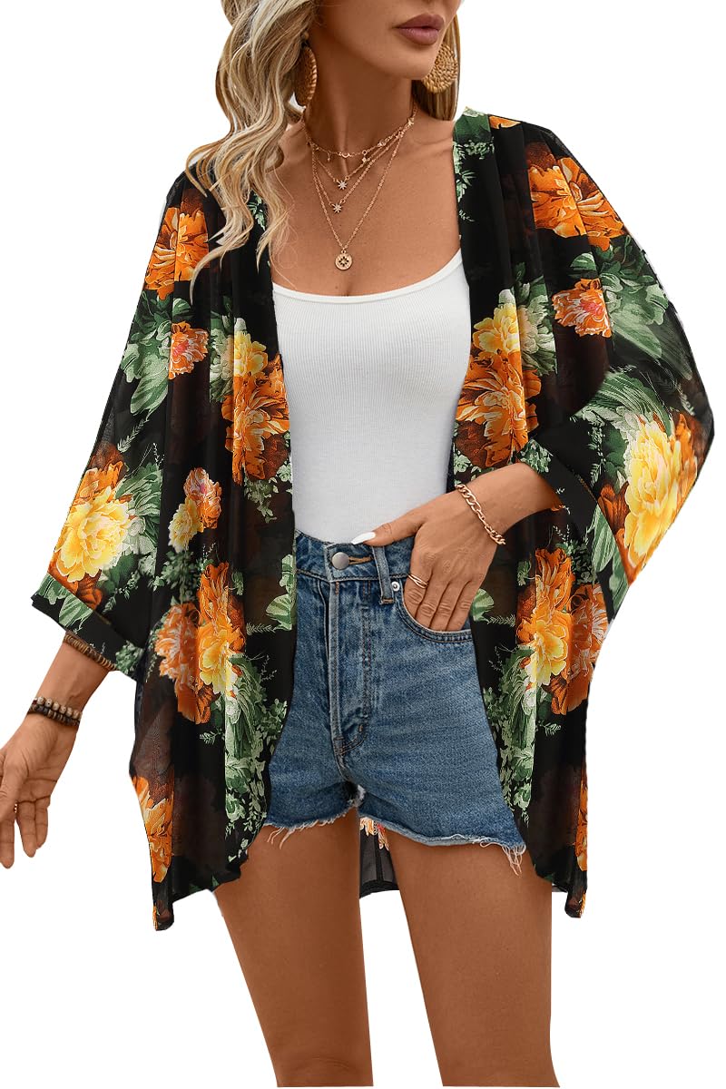 olrain Women's Floral Print Sheer Chiffon 3/4 Bat Sleeve Casual Loose Kimono Cardigan Capes
