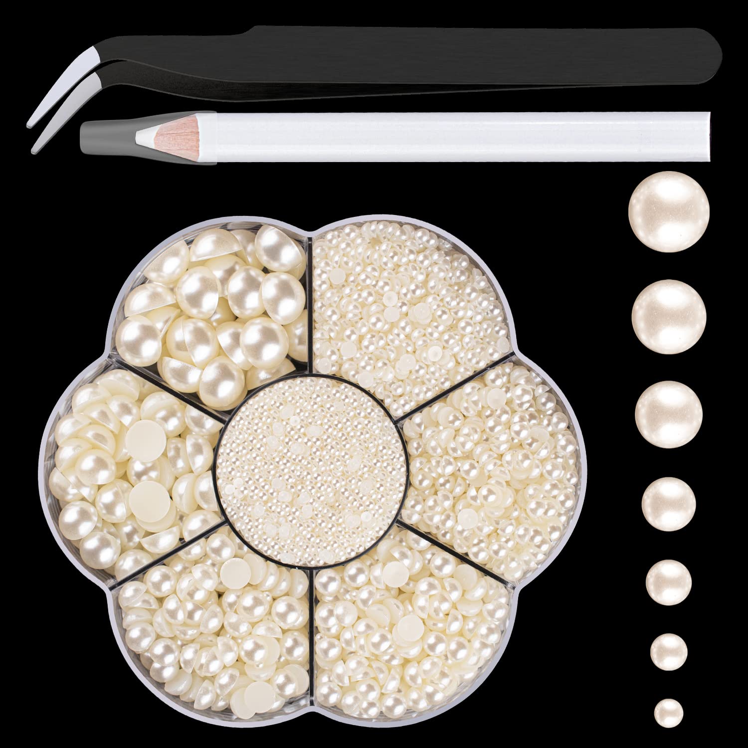 BELLEBOOST 5600pcs ABS Round Flat Back Beige Pearls Kit with Pickup Tools for Nail Art, Face, Body Decorations
