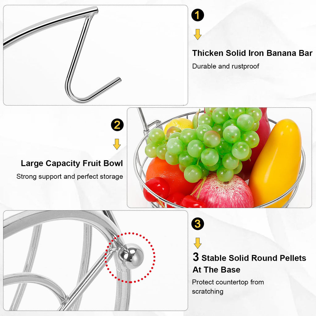 Livabber Countertop Fruit Basket Bowl with Banana Hanger, Modern Standing Fruit Vegetable Bowl Storage, with Banana Tree Holder for Kitchen Dinning Table (Round Marble, Black)