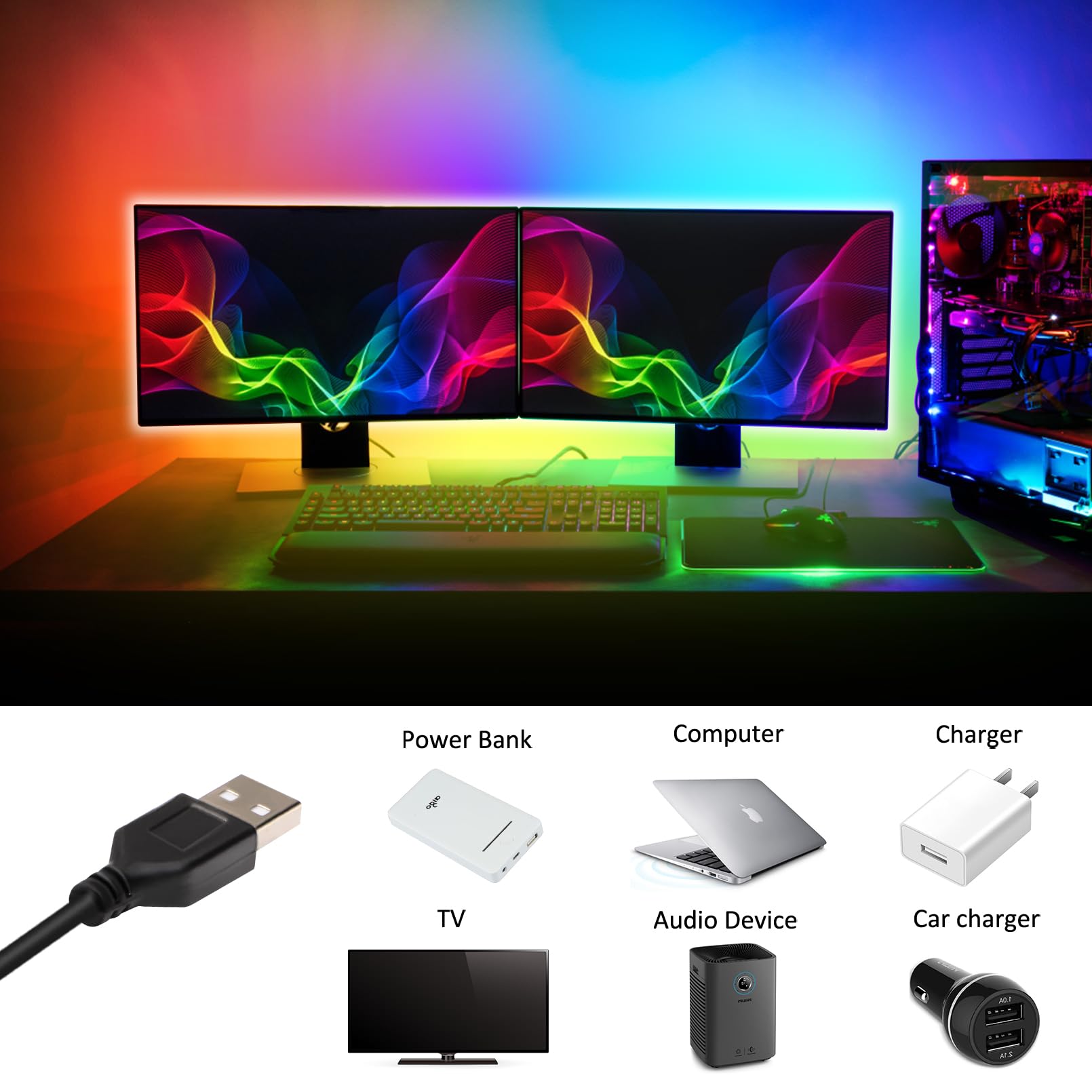 Battery Operated LED Strip Lights RGB Battery Powered Led Strip Lights 3 Keys Controller 13.2FT/4M Color Changing Flexible Light for PC TV Mirror Kitchen Cabinet Shelves, Room Decor 2Pcs