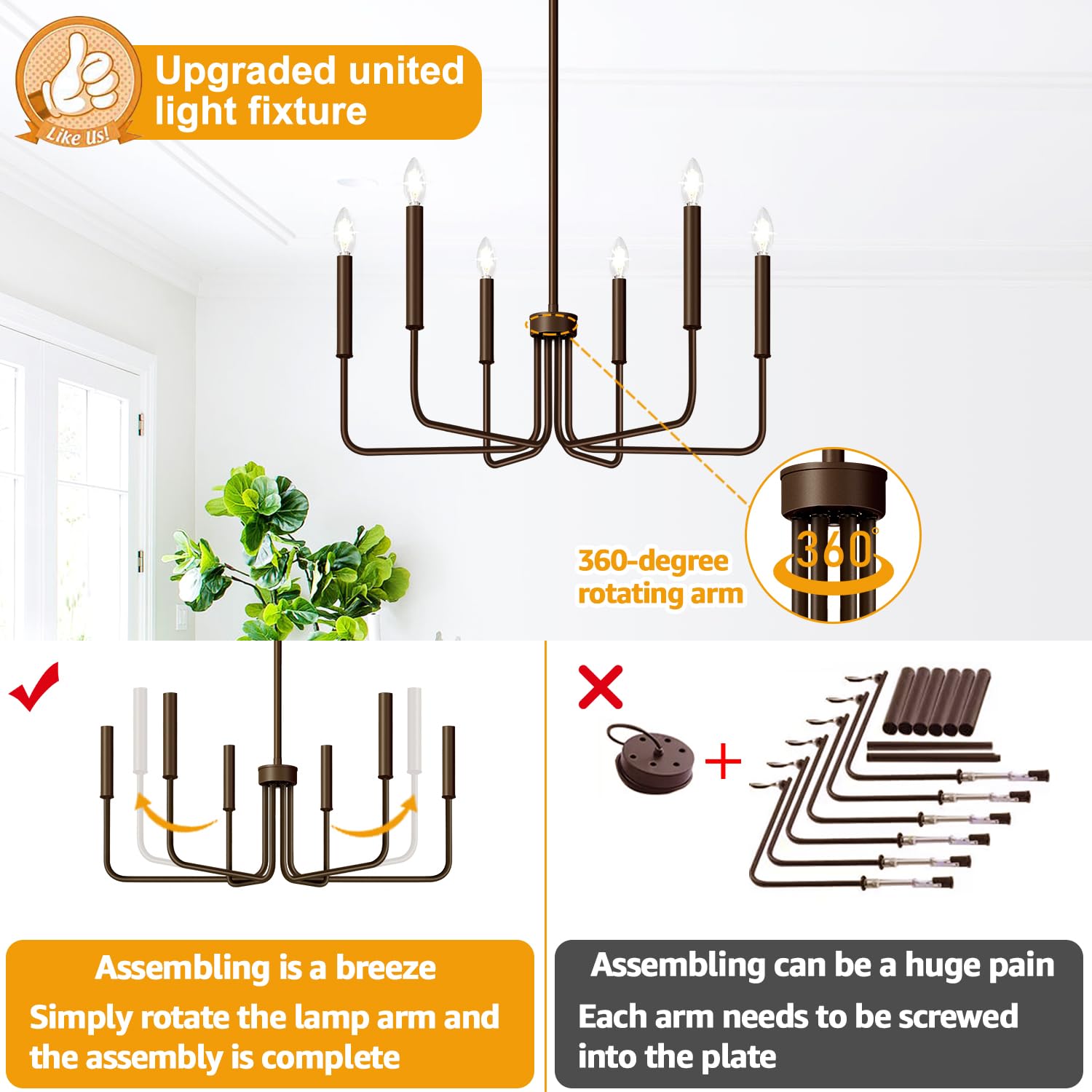 Rustic Black Chandelier, 6-Light Antique Farmhouse Chandelier for Dining Room Lighting Fixtures, Vintage Candle Pendant Light Fixtures Chandeliers for Dining Room Bedroom, Foyer and Living Room
