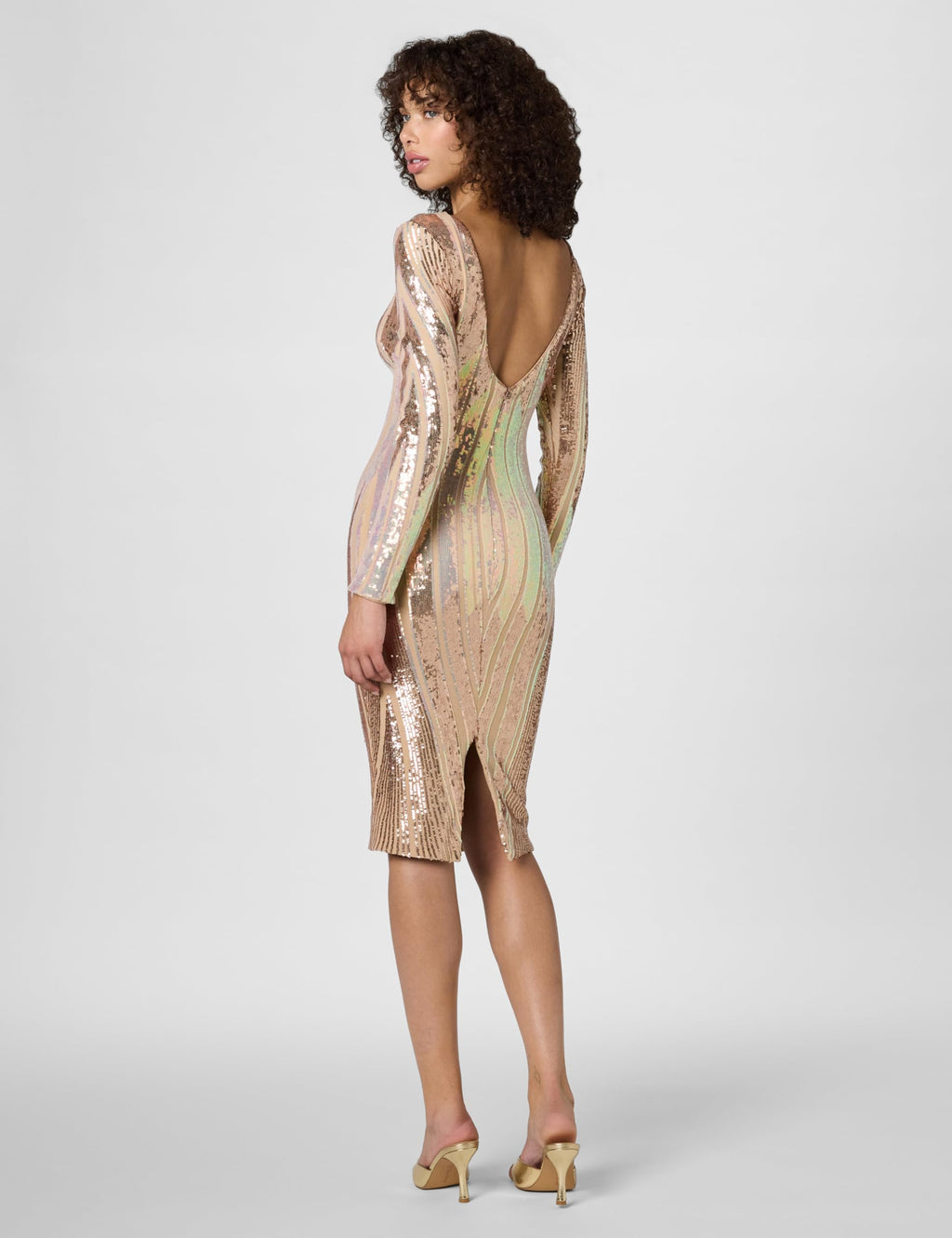 Dress The Population Womens Emery Long Sleeve Stretch Sequin Midi Sheath Ddr147