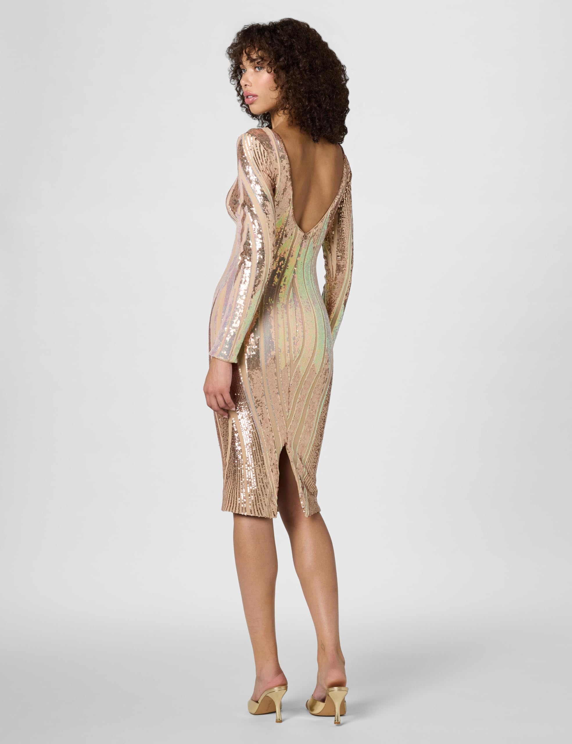 Dress The Population Womens Emery Long Sleeve Stretch Sequin Midi Sheath Ddr147