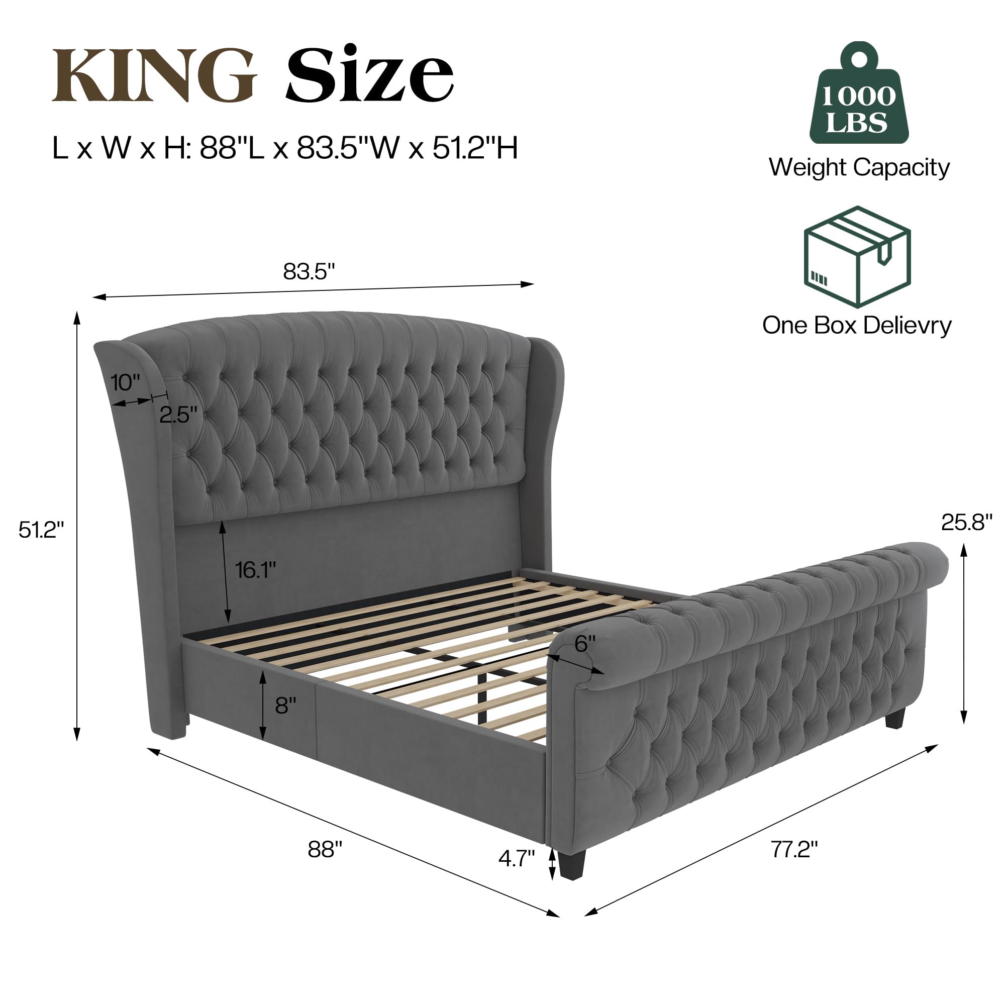 LUXOAK Queen Size Platform Bed Frame, Velvet Upholstered Sleigh Bed with Curved Headboard & Footboard, Deep Button Tufted, Wood Slats Support, No Box Spring Needed, Black