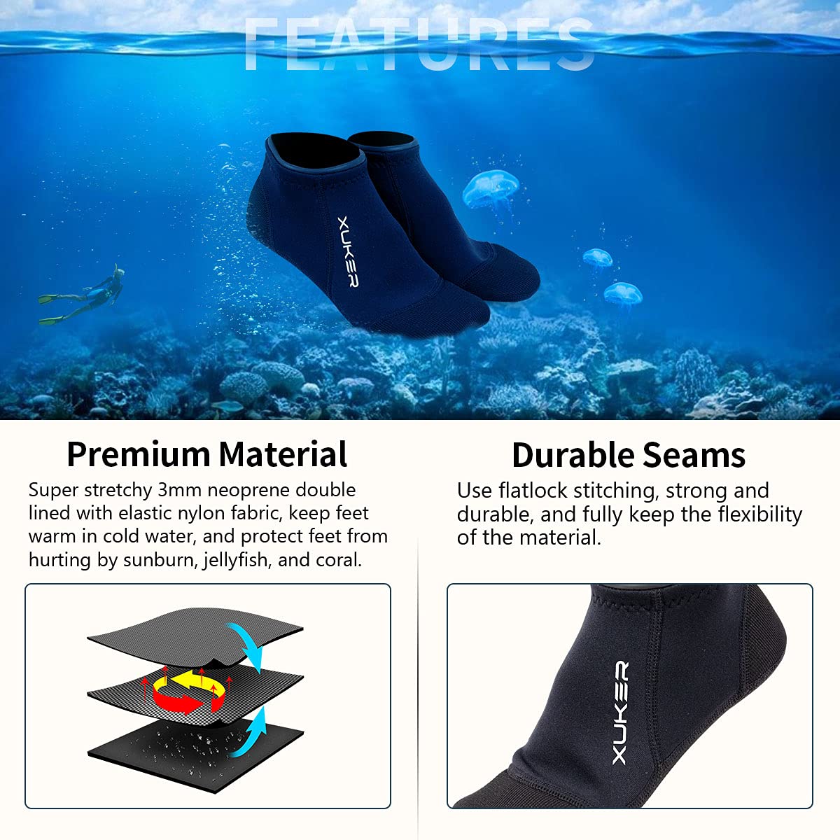 XUKER Neoprene Water Socks 3mm, Sand Proof Beach Volleyball Socks Diving Socks for Outdoor Water Sports