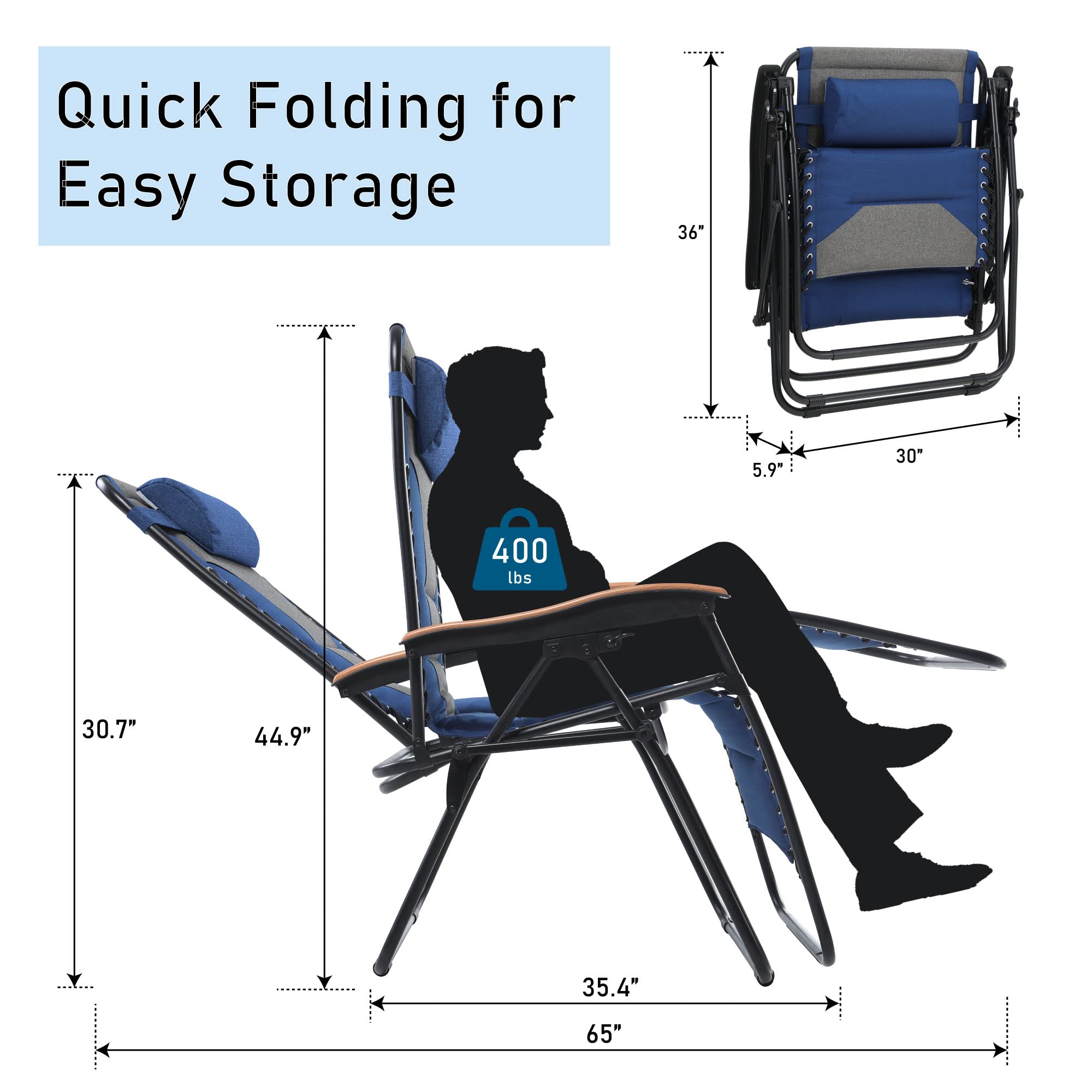 PHI VILLA XXL Oversized Padded Zero Gravity Chair Set of 2, Foldable Patio Recliner, 30" Wide Seat Anti Gravity Lounger with Armrest and Cup Holder, Support 400 LBS (Aqua Blue)