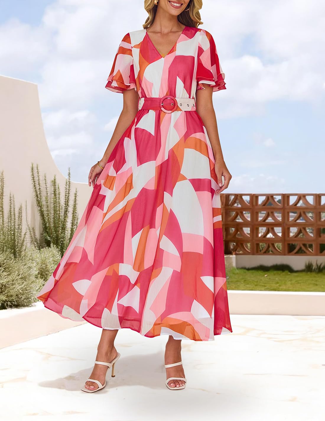 ZESICA Women's 2026 Summer Floral V Neck Midi Dress Boho Short Sleeve High Waist Flowy Beach Vacation Dresses with Belt