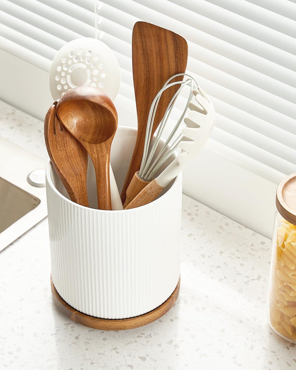 getstar Extra Large Rotating Utensil Holder for Kitchen Counter, 7.2" Ceramic Utensils Crocks Set for Countertop Large & Small Utensil Organizer for Spatula Farmhouse Kitchen Decor