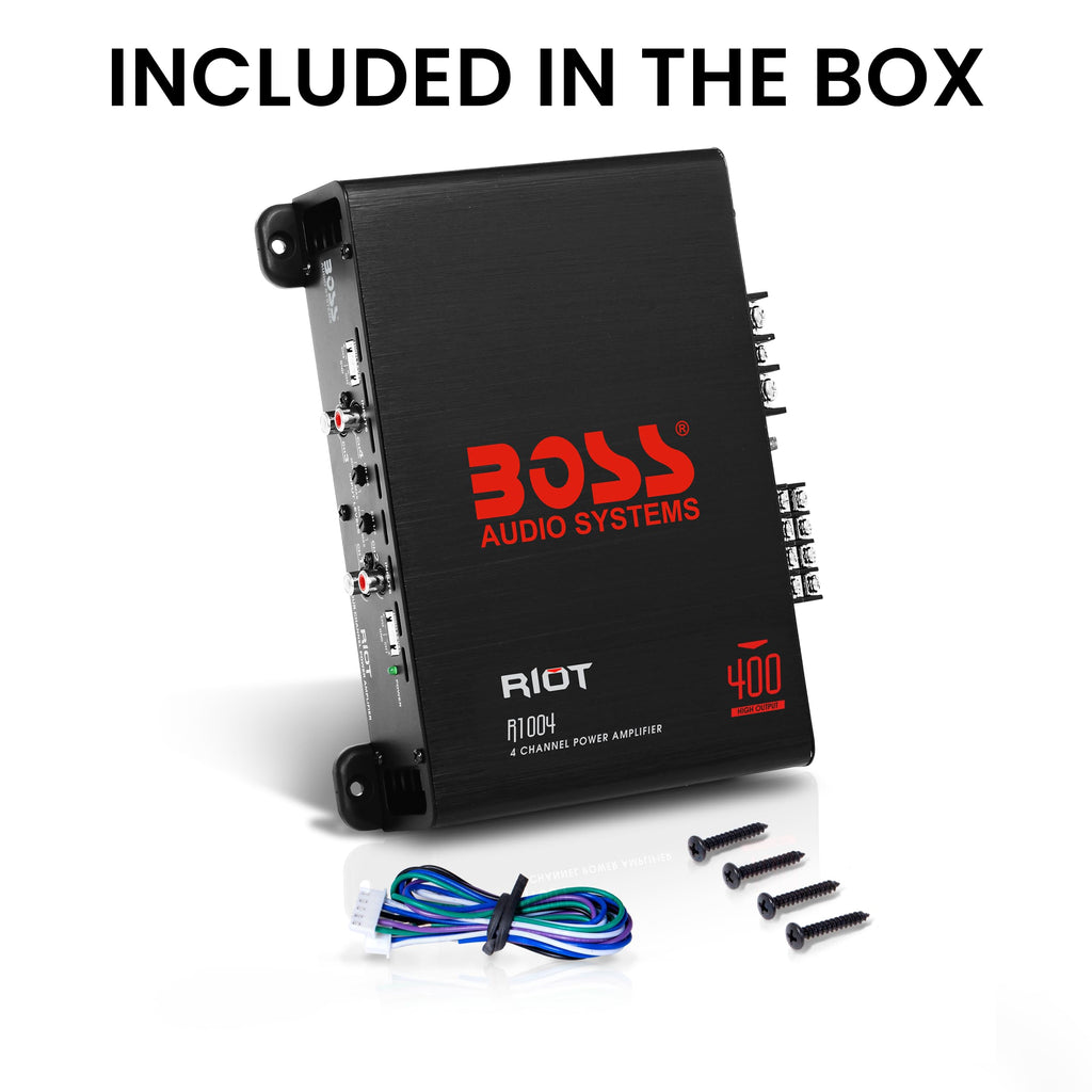 BOSS Audio Systems R1004 Riot Series 4 Channel Class A/B Car Amplifier - 400 High Output, IC (Integrated Circuit), Hook Up to Subwoofer for Bass