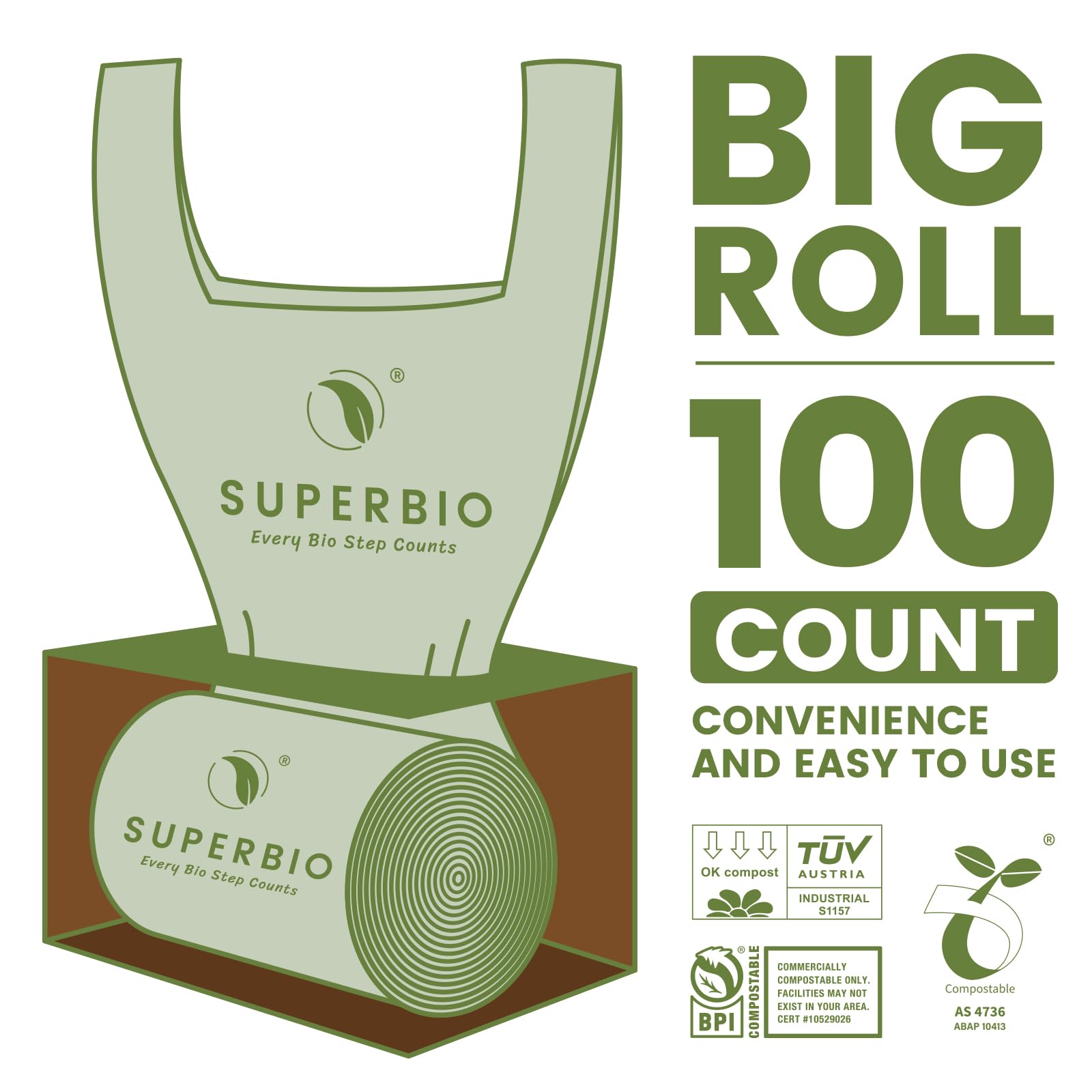 SUPERBIO 1.6 Gallon Handle Tie Compostable Food Scrap Bags, Small Compost Bags with Handles, 50 Count, 2 Pack, BPI & OK compost INDUSTRIAL