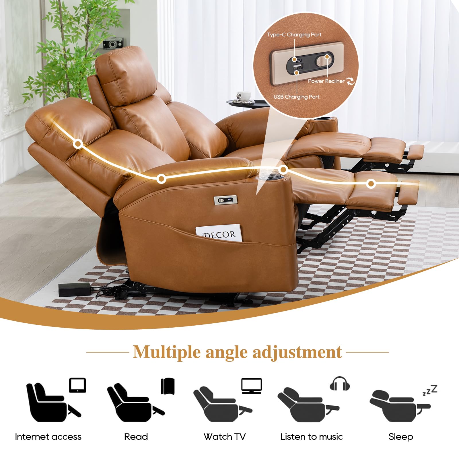 Power Reclining Sofa - 3 Seater Recliner Sofás, PU Leather Sofa, Home Theater Seating with Flipped Middle Backrest, Power Recliner Couch for Living Room(Brown)