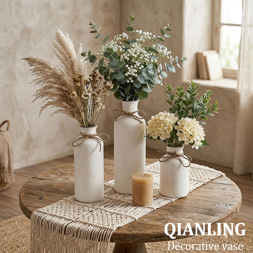 Ceramic Vase Set - 3 Ceramic Small Vases, Farmhouse Country Flower Vase Home Decor, Living Room Decoration, Table Decoration, Fireplace Decor, and Entrance Decorations Centerpieces
