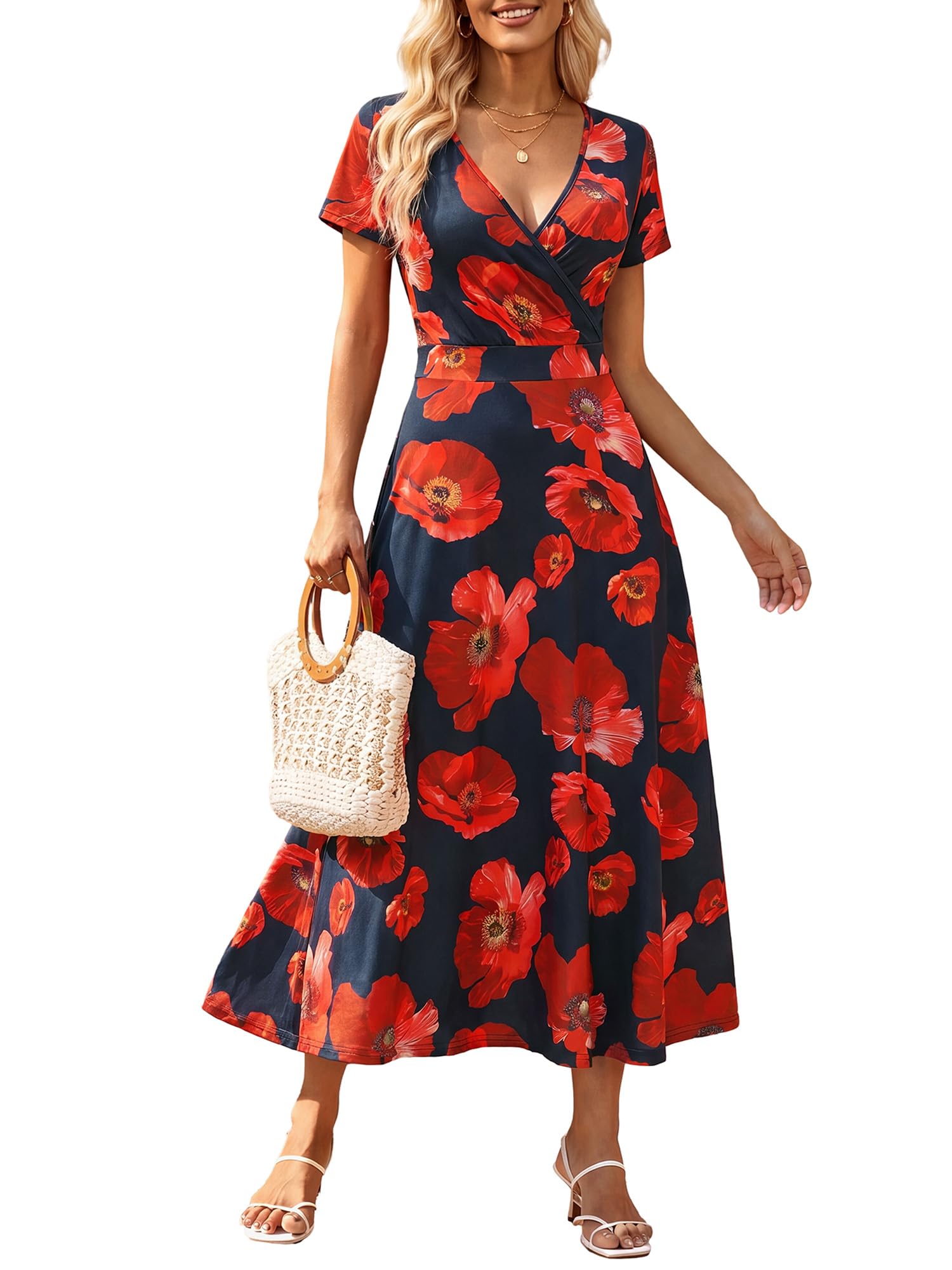 HUHOT Women's Short Sleeve Wrap V Neck Dresses for Wedding Guest Summer Floral Maxi Sundresses with Pockets Boho Dress