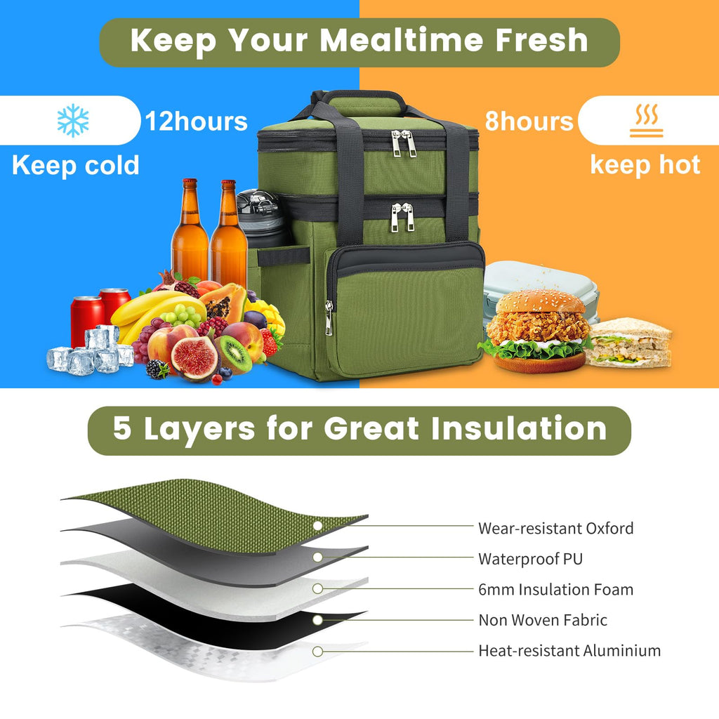 holuxer Insulated Lunch Bag & Lunch Box for Men - Double Deck Reusable Lunch Bag for Women Tote Cooler Bag Leakproof Soft Expandable - Large Lunchbox for Work/Adult/Picnic/Outdoor (Black，15L)