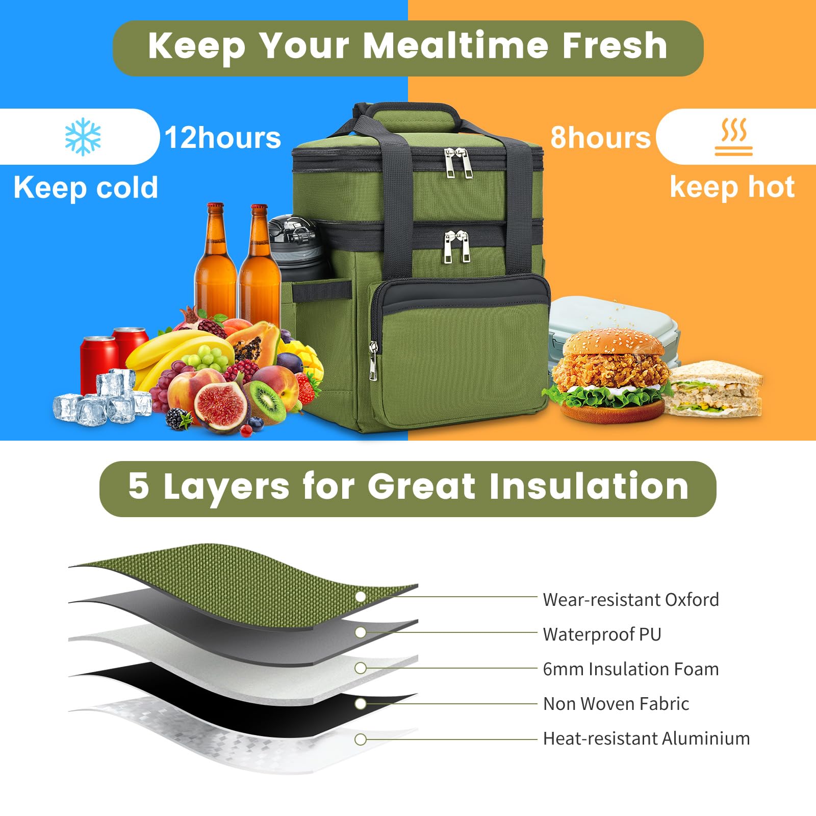 holuxer Insulated Lunch Bag & Lunch Box for Men - Double Deck Reusable Lunch Bag for Women Tote Cooler Bag Leakproof Soft Expandable - Large Lunchbox for Work/Adult/Picnic/Outdoor (Black，15L)