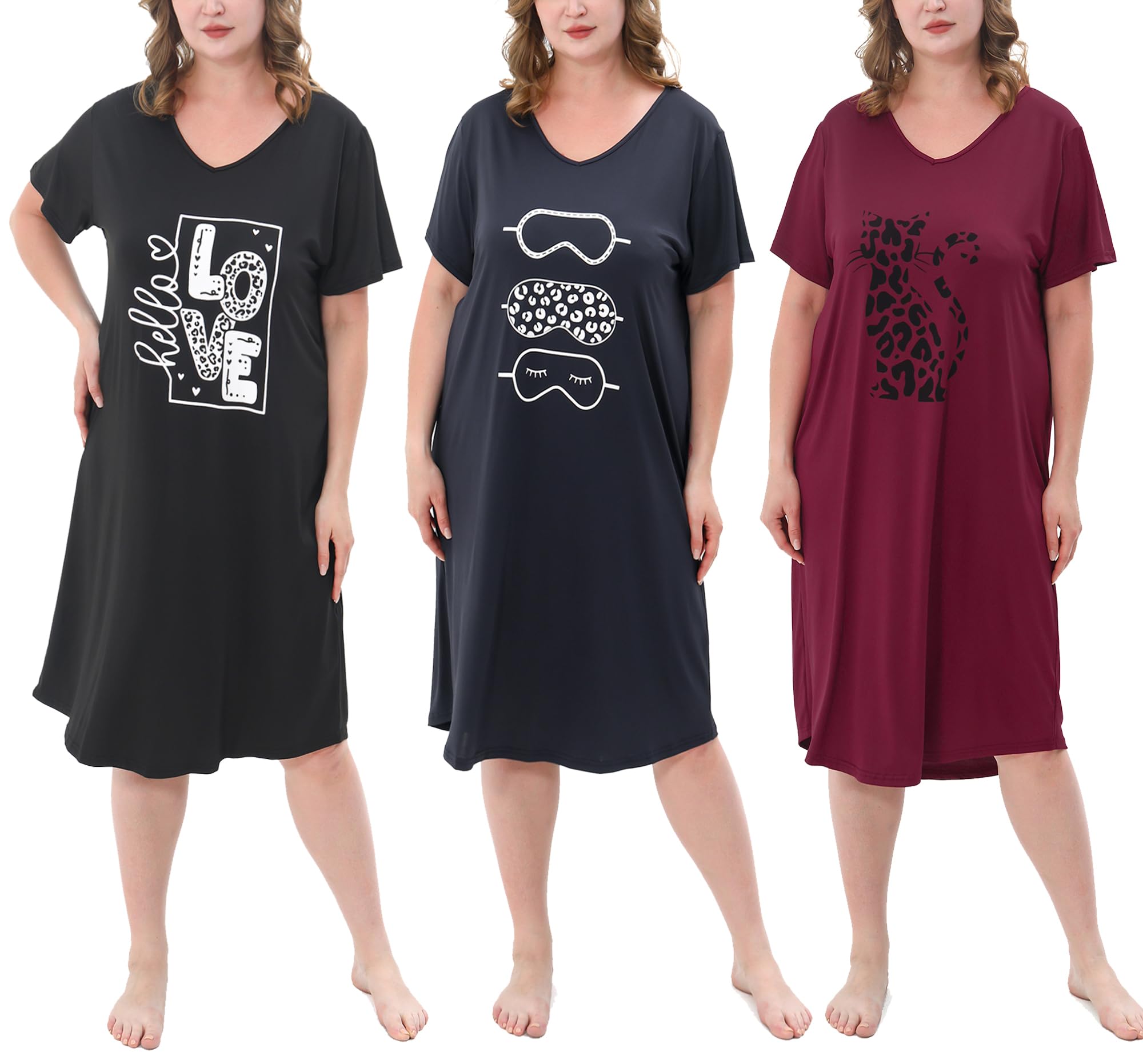 3 Pack Plus Size Women's Nightgown Soft Print Nightshirts for Women Short Sleeve Sleepwear