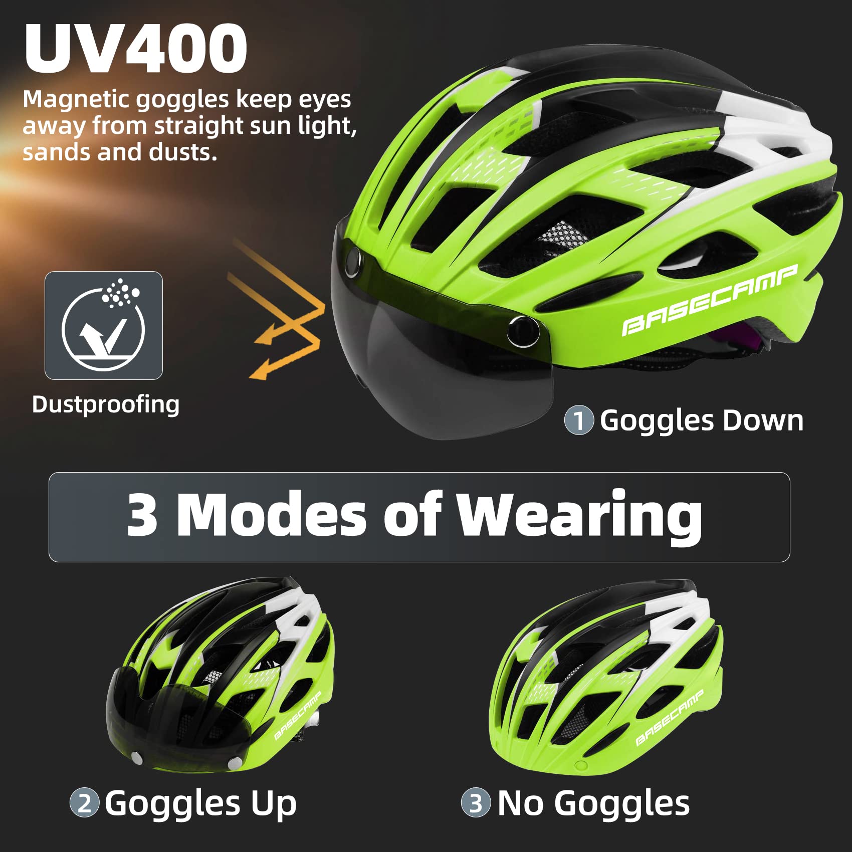 Bike Helmet, Basecamp Bicycle Helmet with Rear Light & Detachable Magnetic Goggles Lightweight Cycling Helmet Adjustable for Adult Men Women Mountain & Road (BC-069)