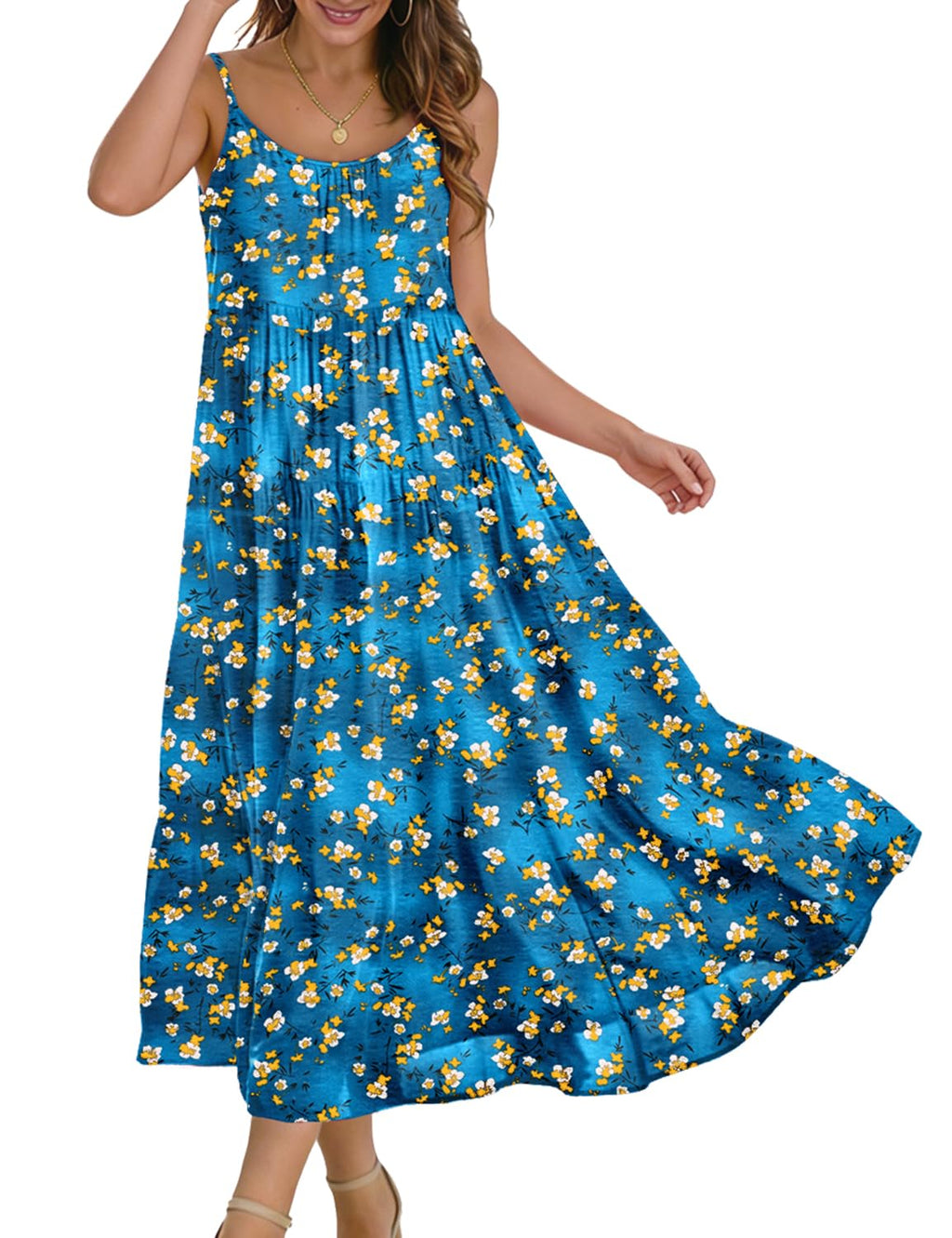 YESNO Summer Bohemian Floral Dresses for Women Spaghetti Straps Maxi Dress Casual Flowy Dresses with Pockets ES0