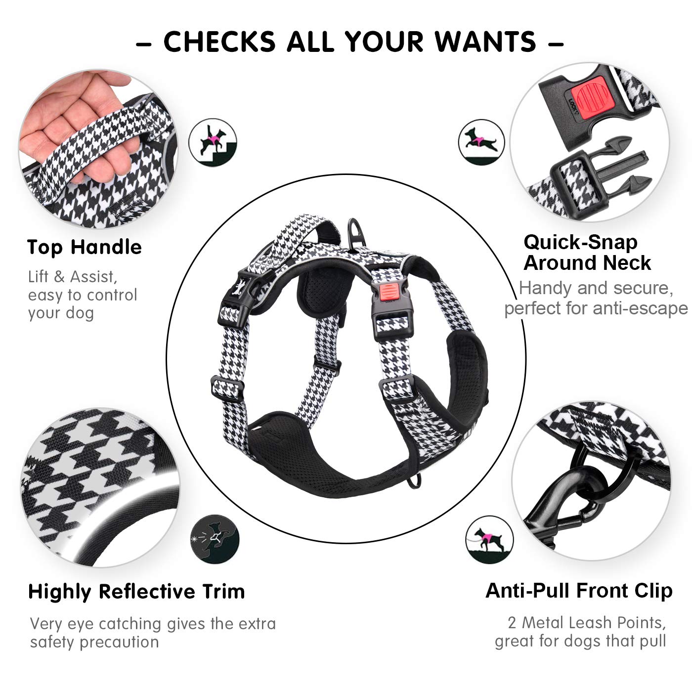 PoyPet Dog Harness No Pull, Reflective Vest Harness with Front & Back 2 Clips and Easy Control Handle for Small Medium Large Dog (XS, Black)