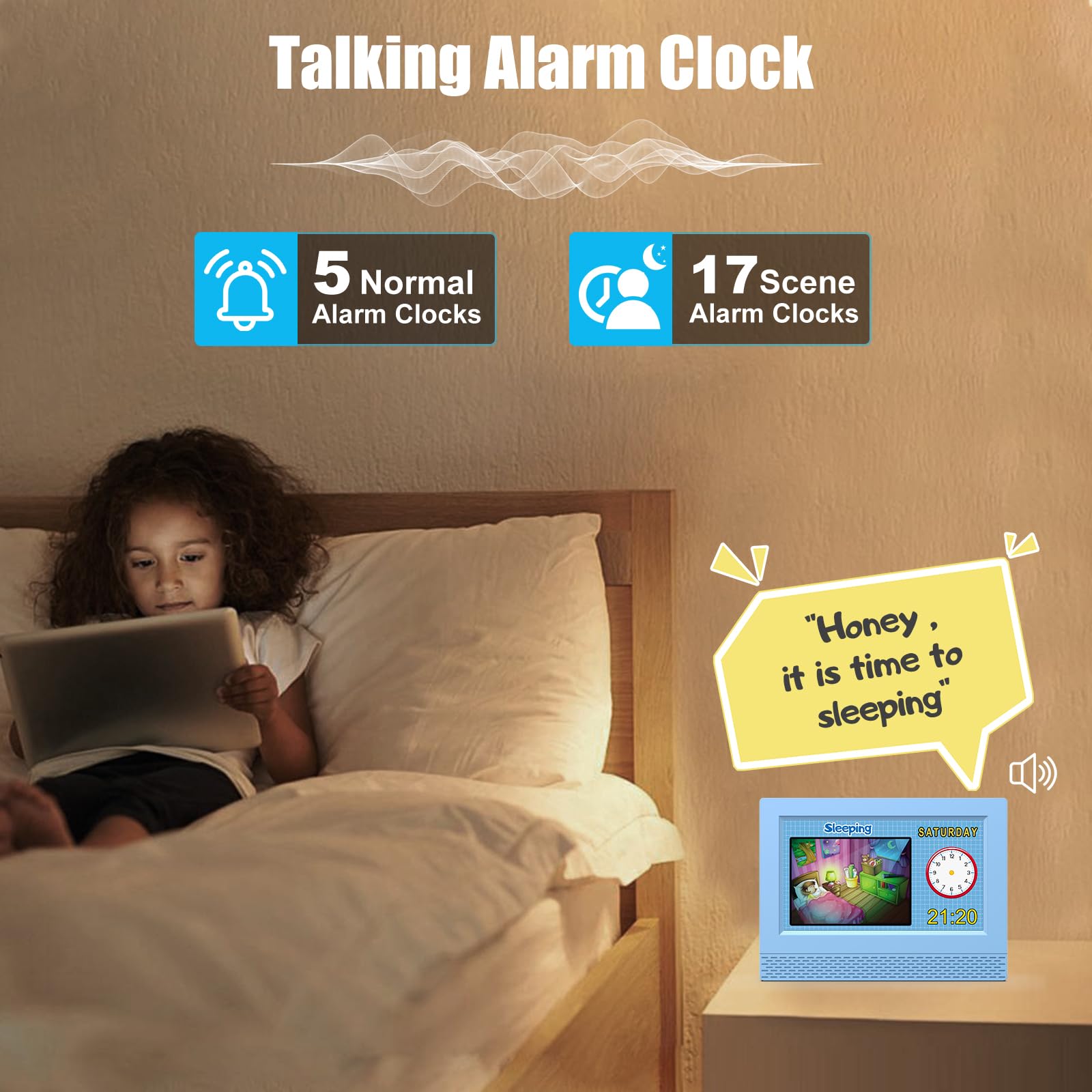 Kids Digital Alarm Clock Colorful, 7" Large LED Time Display Children's Sleep Trainer, Eye-Caring Digital Clock for Girls Boys Bedrooms Bedside, 17 Alarm Clock Settings Easy to Use Kids Birthday Gift