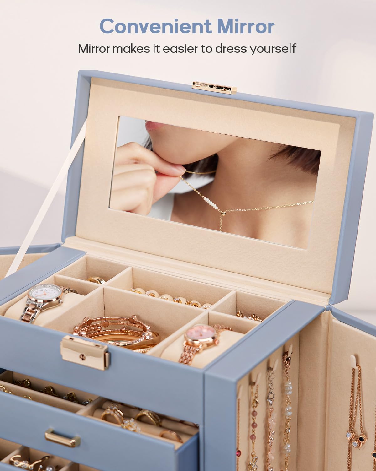 Homde Mothers Day Gifts Synthetic Leather Huge Jewelry Box Mirrored Watch Organizer Necklace Ring Earring Storage Lockable Gift Case (Black + Gold)