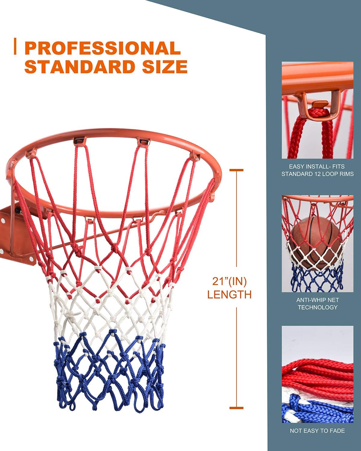 Basketball Net Replacement Heavy Duty, 2023 Professional On-Court Quality [6.88Ounce], Fits Outdoor Indoor Standard Rim, All Weather Anti Whip -12 Loops (Red White Blue)