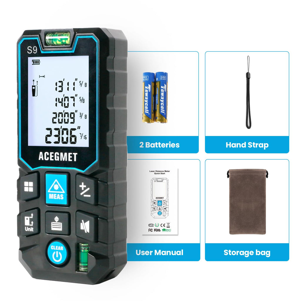 ACEGMET Laser Measure, 229ft/70m Laser Measurement Tool, S9 Room Laser Measuring Tool with 2 Bubble Levels, LCD Backlit Display, IP54 Waterproof, Pythagorean Mode for Distance, Area, Volume