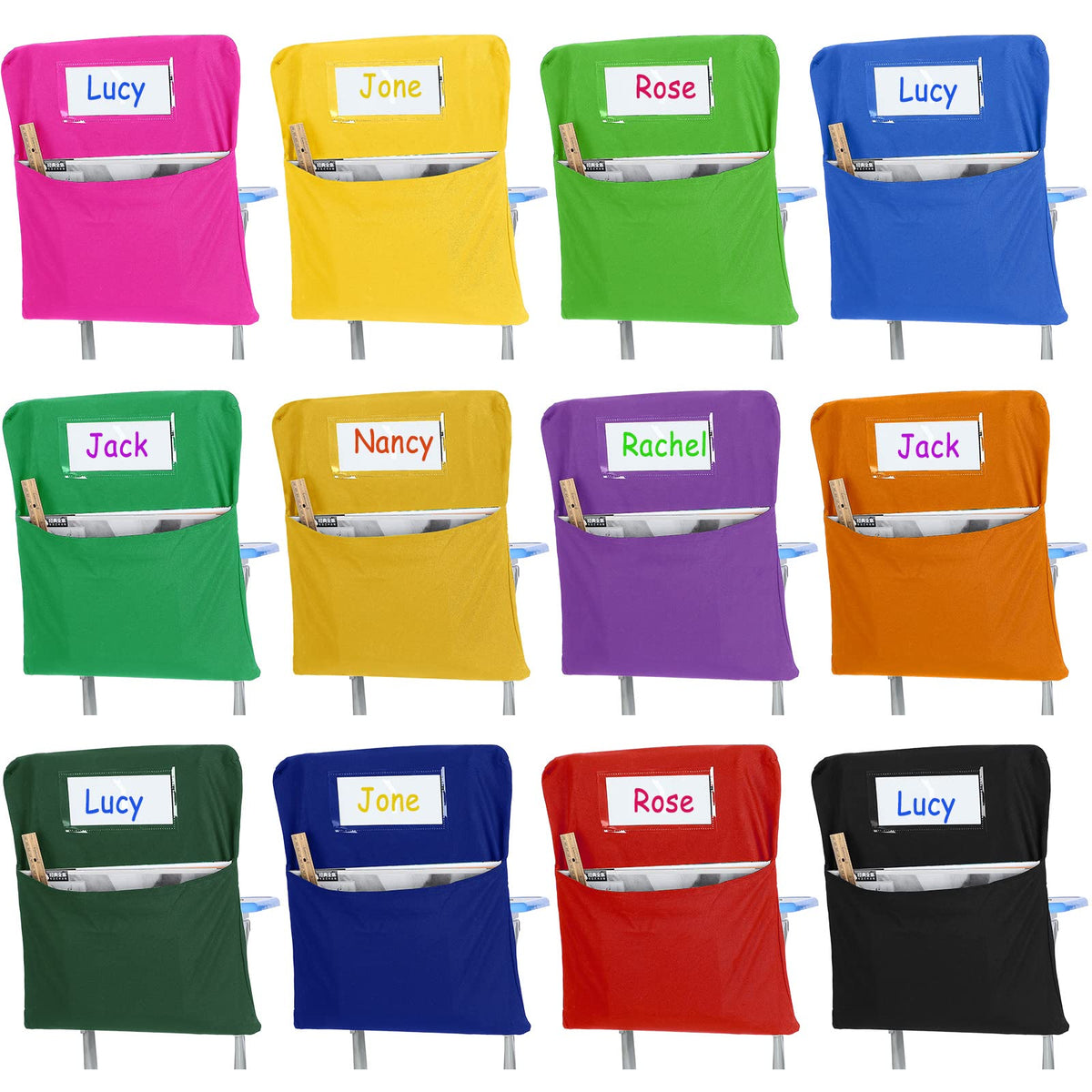 Maitys 24 Pcs Chair Pockets for Classrooms 17 x 20 Inches Student Chair Bag Chairback with Name Tag for Keeping Student Book School Table Organized