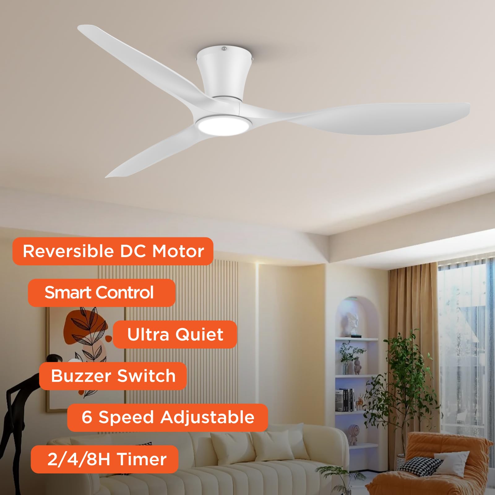 TALOYA Ceiling Fans with Lights,42 inch Modern Low Profile Ceiling Fan with Light and Remote Control, Flush Mount, 3CCT, White Ceiling Fan for Bedroom Living Room and Patio