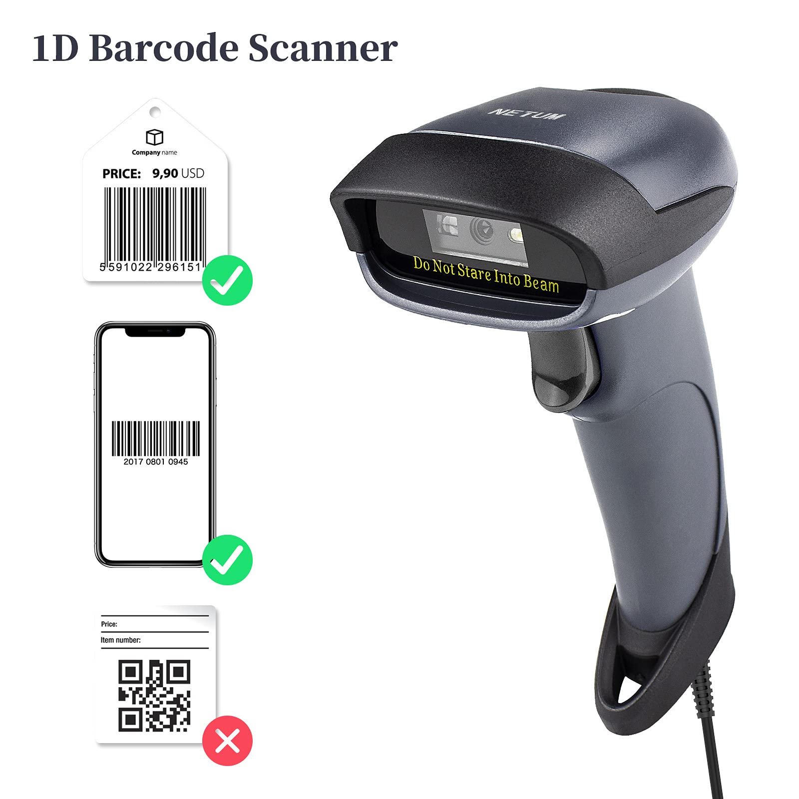 NETUM USB Laser Barcode Scanner, Handheld 1D Wired Bar Code Scanner Scanning UPC EAN Reader Gun Retails for Supermarket, Convenience Store, Warehouse - NT-M1