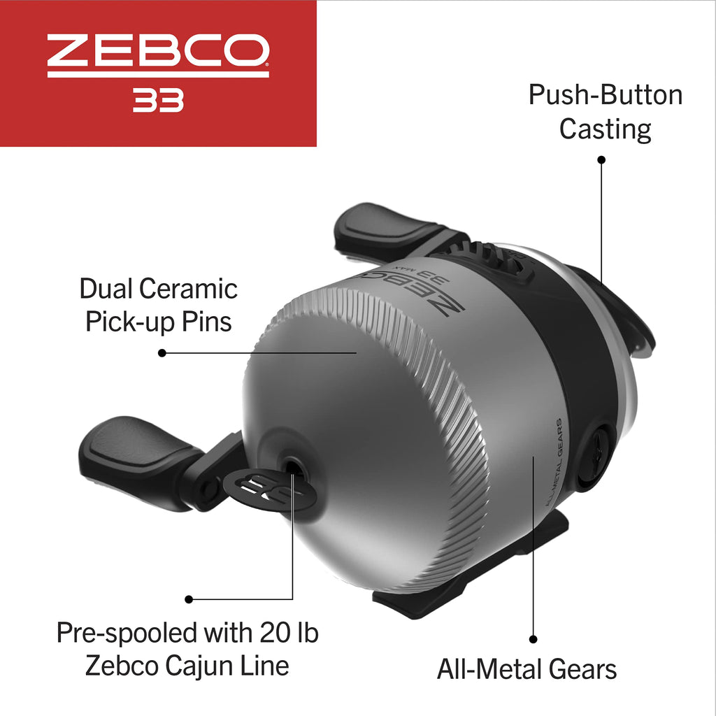 Zebco 33 Spincast Fishing Reel, Changeable Right or Left-Hand Retrieve, Built-in Bite Alert, All-Metal Gears, Pre-Spooled with Zebco Cajun Line