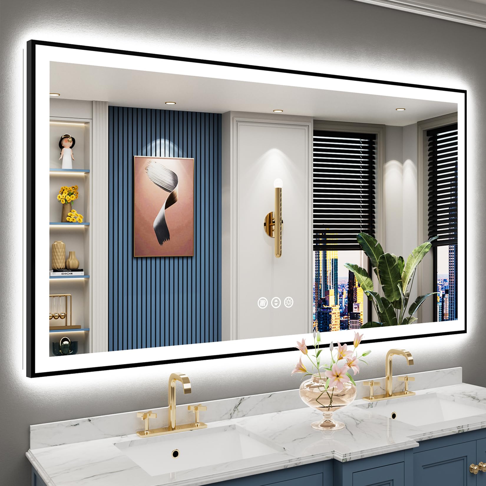 24x32 Black Framed LED Bathroom Mirror with Lights, Backlit and Front Lit Anti-Fog Lighted Vanity Mirrors for Bathroom Wall, Dimmable, 3 Colors, Memory, HD Tempered Glass, Horizontal/Vertical