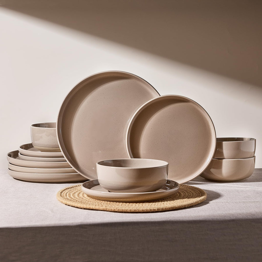 Famiware Pluto Stoneware Dinnerware Sets, 12-Piece Double Reactive Glaze Plates and Bowls Sets, Dishware Sets for Everyday & Formal Dining, Irregular Edge Dishes, Service for 4, Matte Beige White