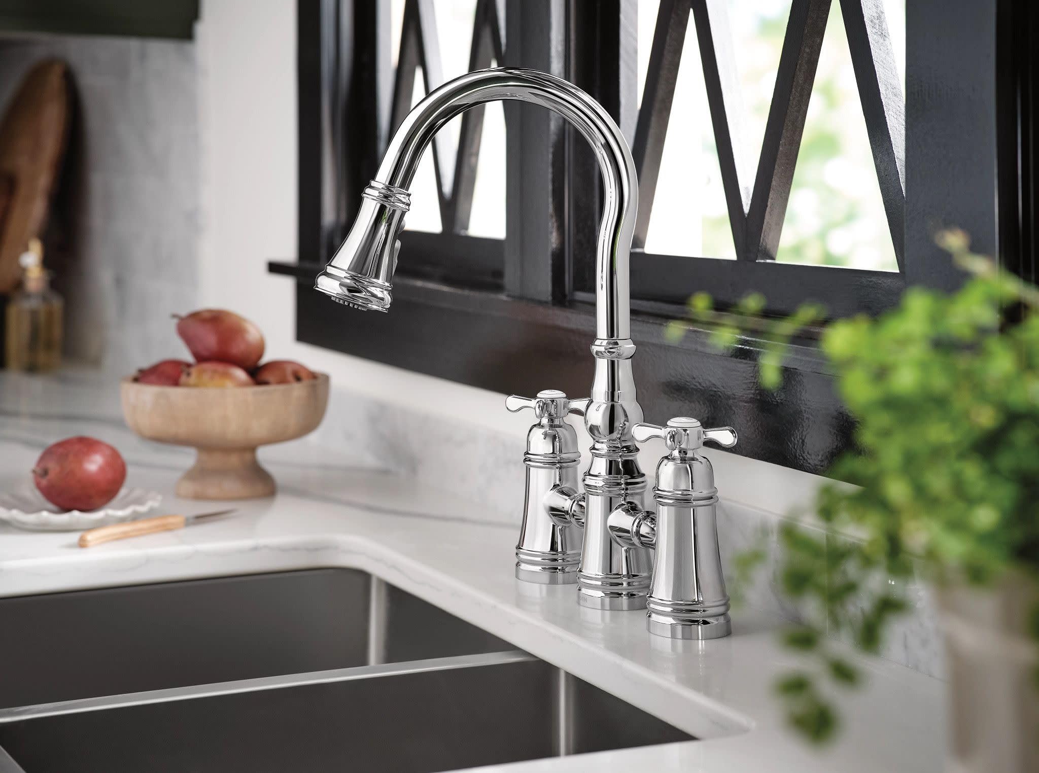 Moen Brushed Gold Weymouth Two Handle Pulldown Bridge Kitchen Faucet, S73204BG