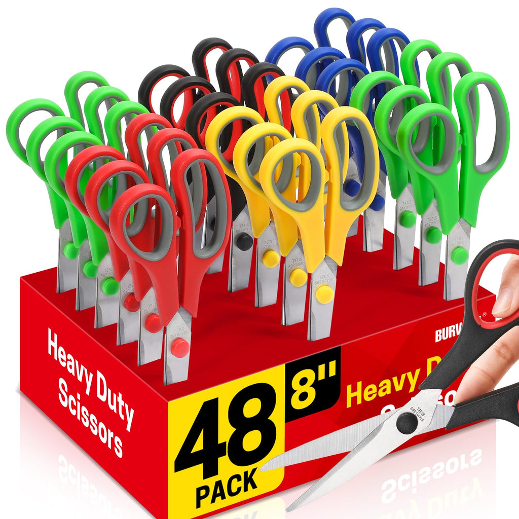 BURVAGY 8" 12 Pack All Purpose Heavy Duty Scissors- Comfort-Grip Sharp Scissors for Office School Sewing Fabric Craft High/Middle School Student Teacher Scissor, Right/Left Hand