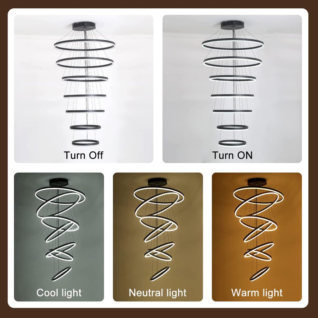 5-Rings Modern LED Chandelier Black Dimmable High Ceiling Chandelier for Dining Room with Remote Control for Foyer Living Room Entryway Staircase(D23.6’’, 3000K-6500K)