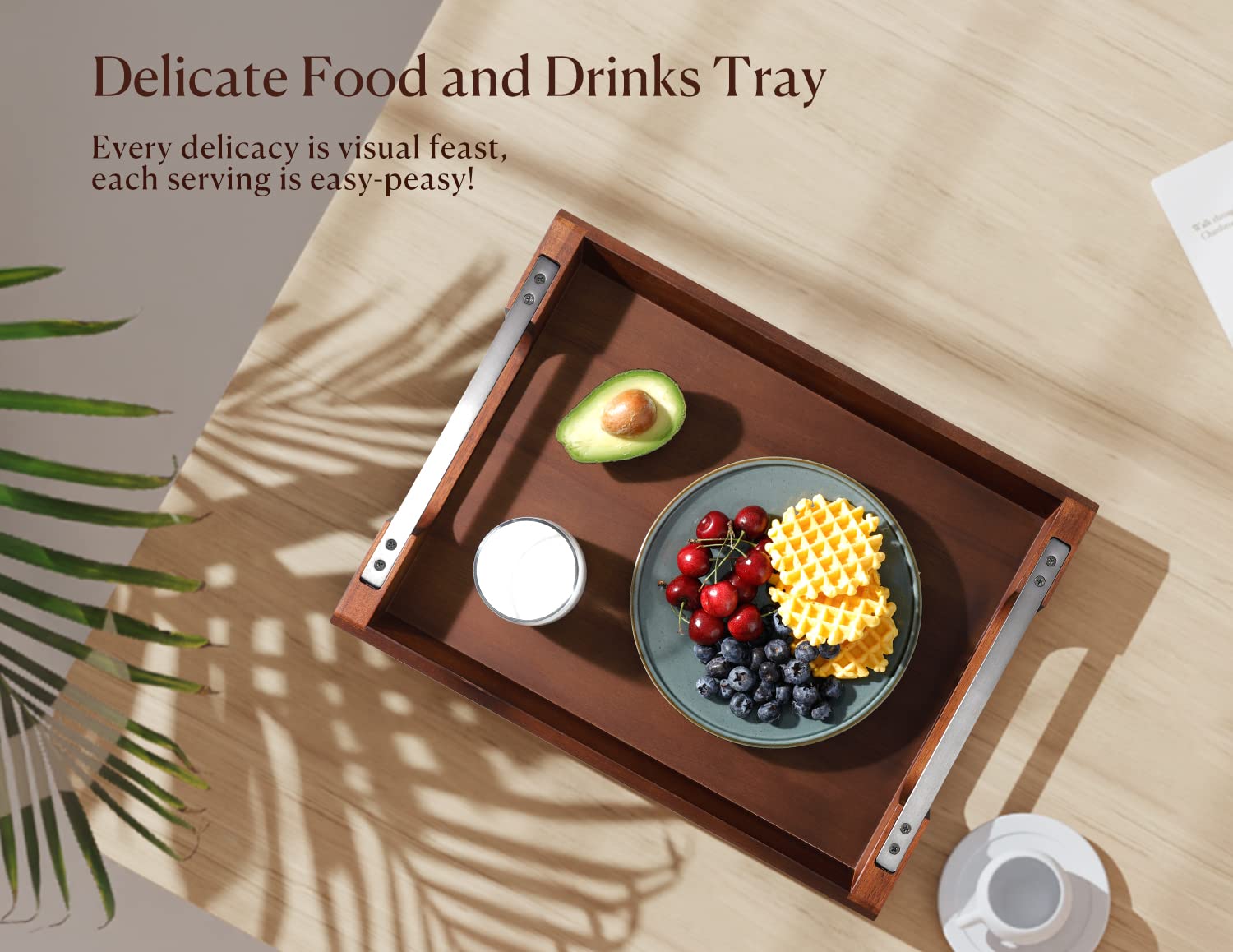 Acacia Wood Serving Tray with Metal Handles, 17x13in Food Drinks Tray for Coffee Table, Breakfast, Dinner & Bar, Rustic Decorative Storage Tray for Ottoman, Kitchen, Elegent Gift for Father