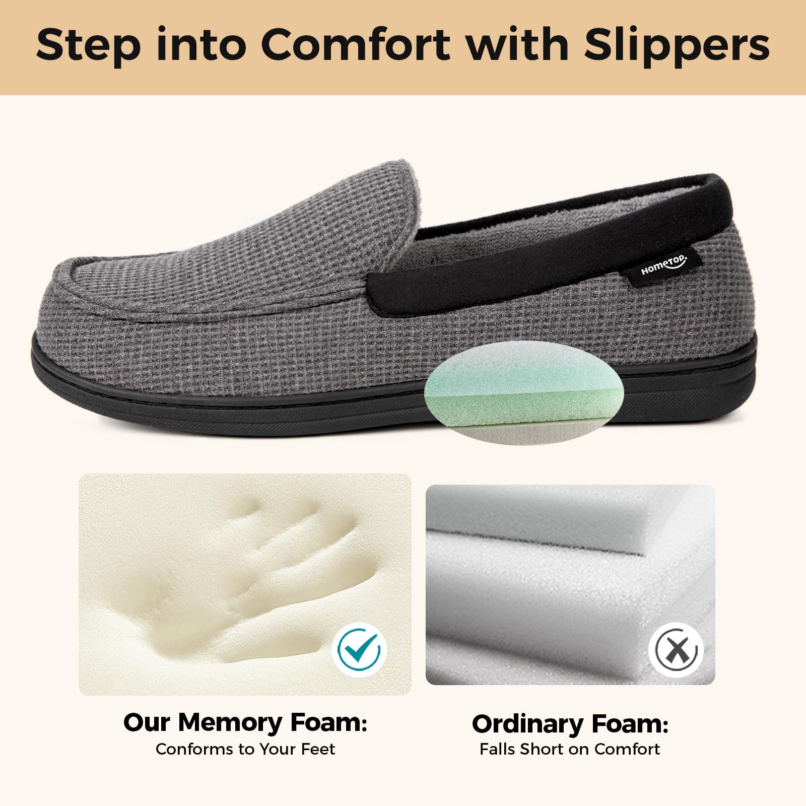 HomeTop Men's Comfort Memory Foam Moccasin Slippers, Breathable Cotton Knit Terry Cloth House Shoes for Indoor Outdoor