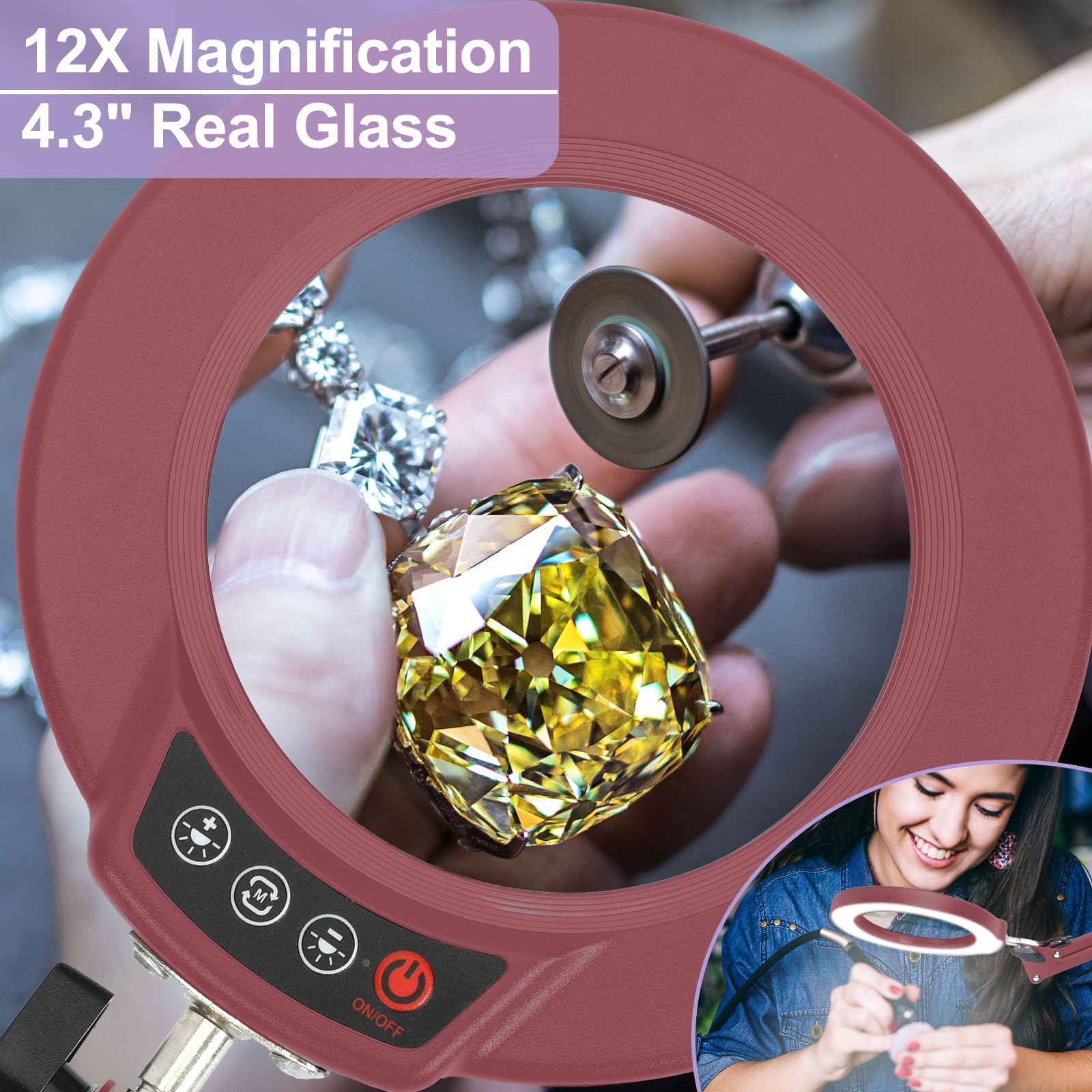 12X Magnifying Glass with Light and Stand, Real Glass, 5 Color Modes, Brightness Stepless Dimmable Lighted Magnifier Hands Free, 2-in-1 Desk Lamp & Clamp Light, Magnifier Lamp for Close Work, Reading