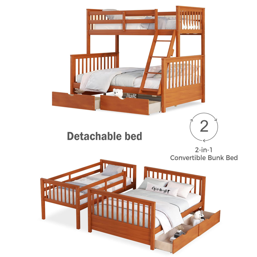 Merax Wood Bunk Bed with Two Drawers,Convertible Wood Bunk Bed with Ladders and Two Storage Drawers,Solid Wood Detachable Bed Frame with Ladders, Twin Over Full Size, Espresso